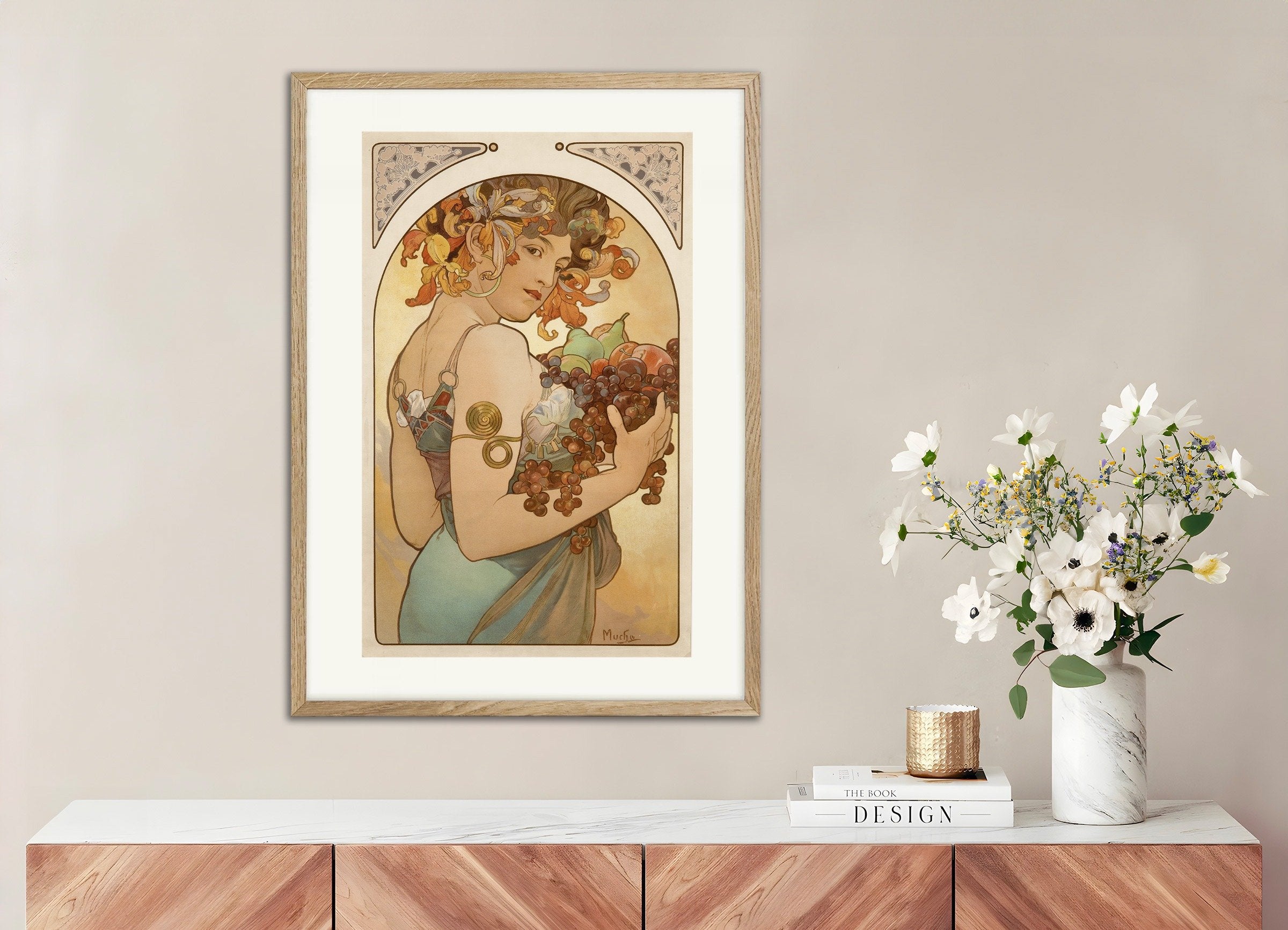 Poster of Fruit by Alfons Mucha, with natural wooden frame