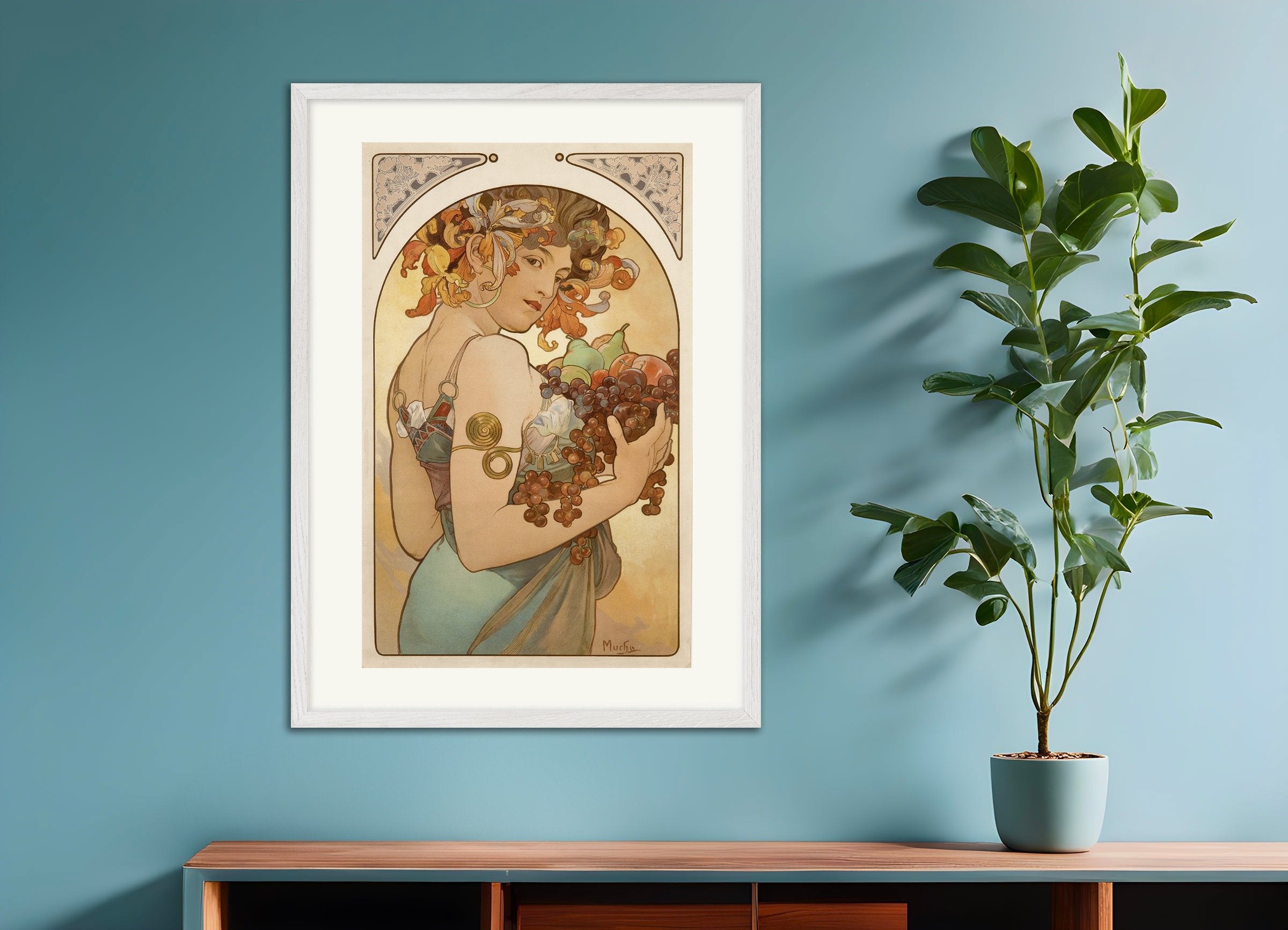 Poster of Fruit by Alfons Mucha, with white wooden frame