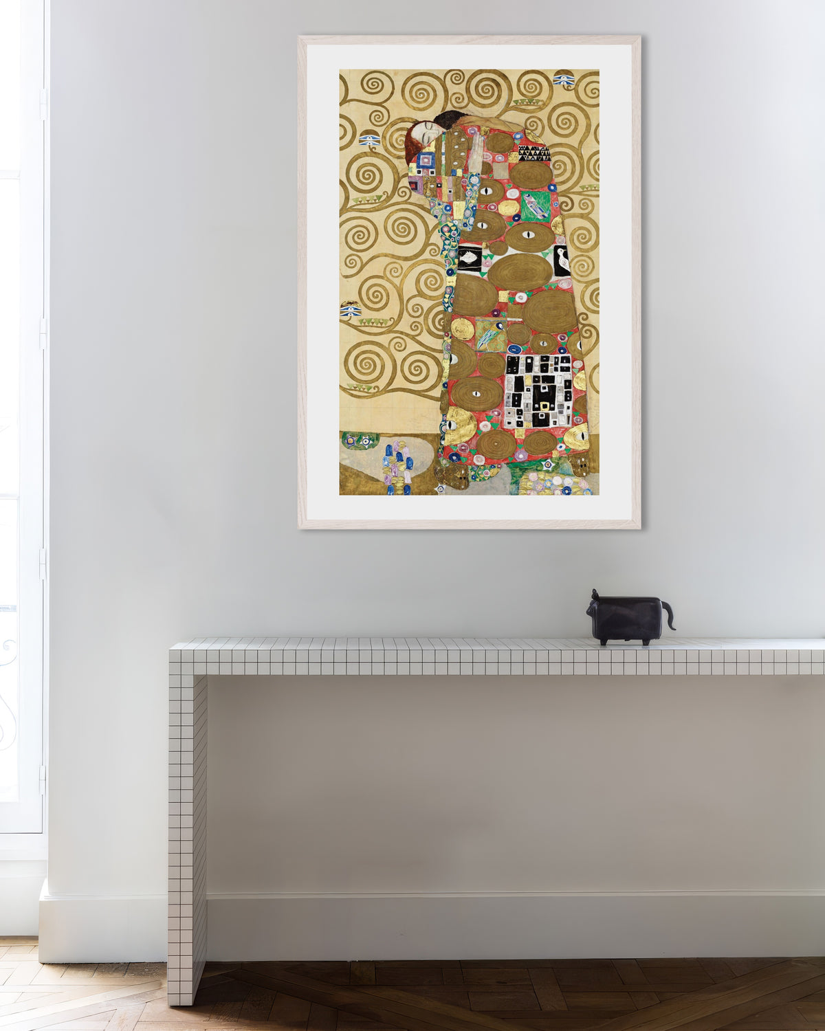 Poster of Fulfillment, Stoclet Frieze (1910–1911) by Gustav Klimt, with white wooden frame