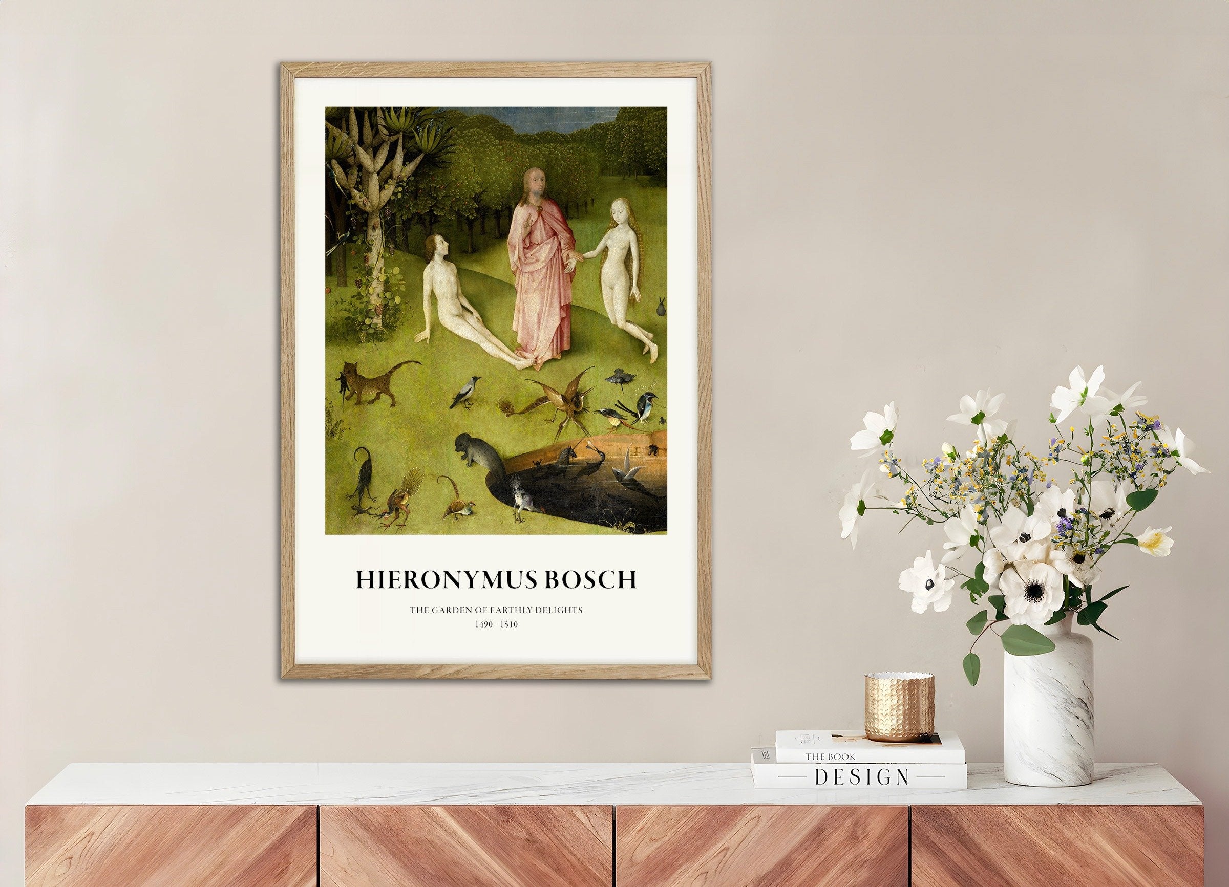 Poster of Garden of Earthly Delights Print, Detail 01, with natural wooden frame