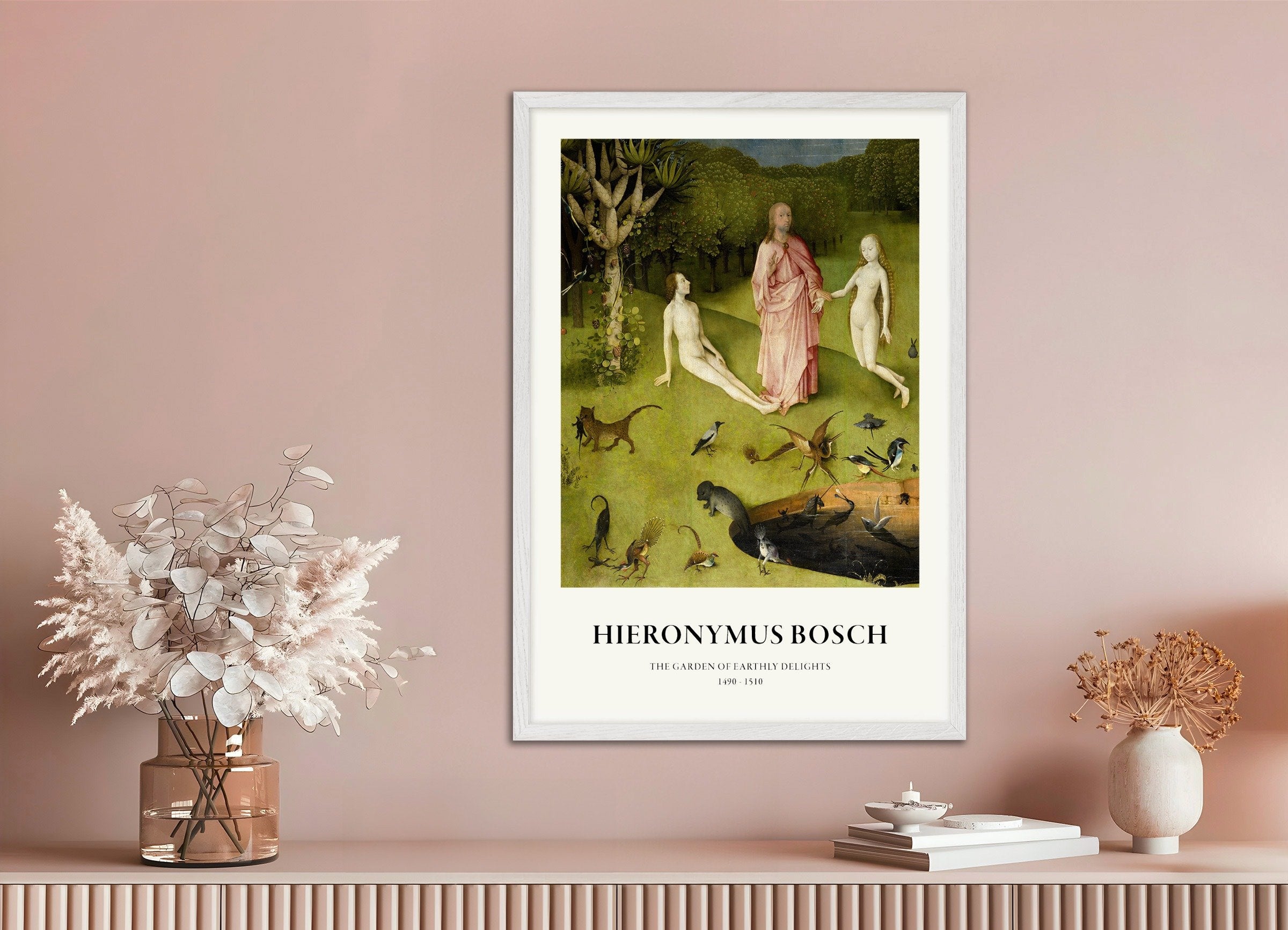 Poster of Garden of Earthly Delights Print, Detail 01, with white wooden frame