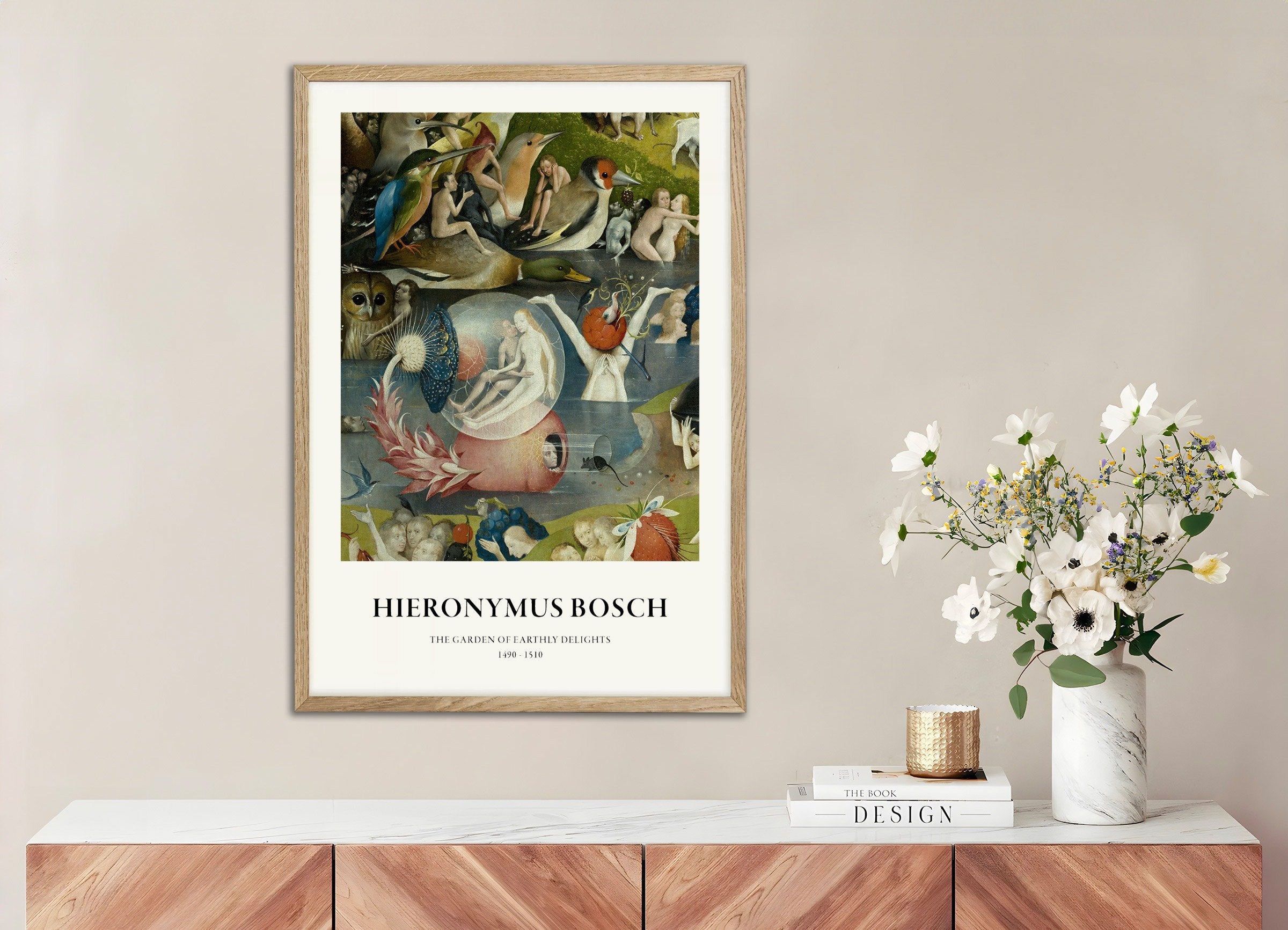 Poster of Garden of Earthly Delights Print, Detail 04, with natural wooden frame