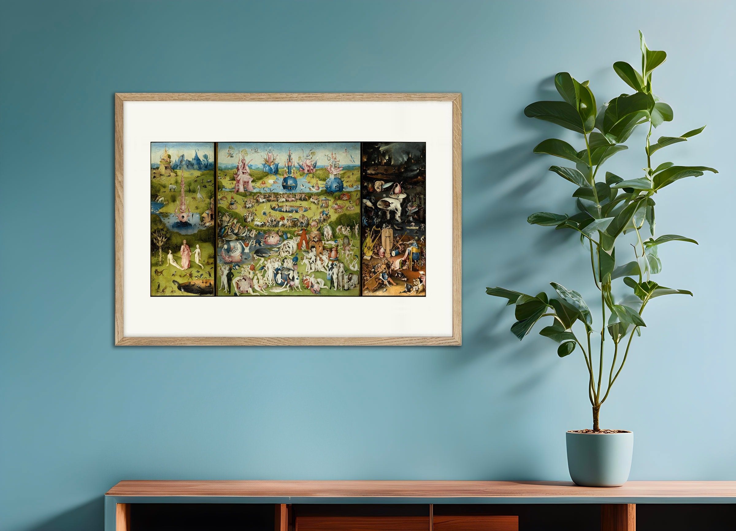 Poster of Garden of earthly delights print, with natural wooden frame