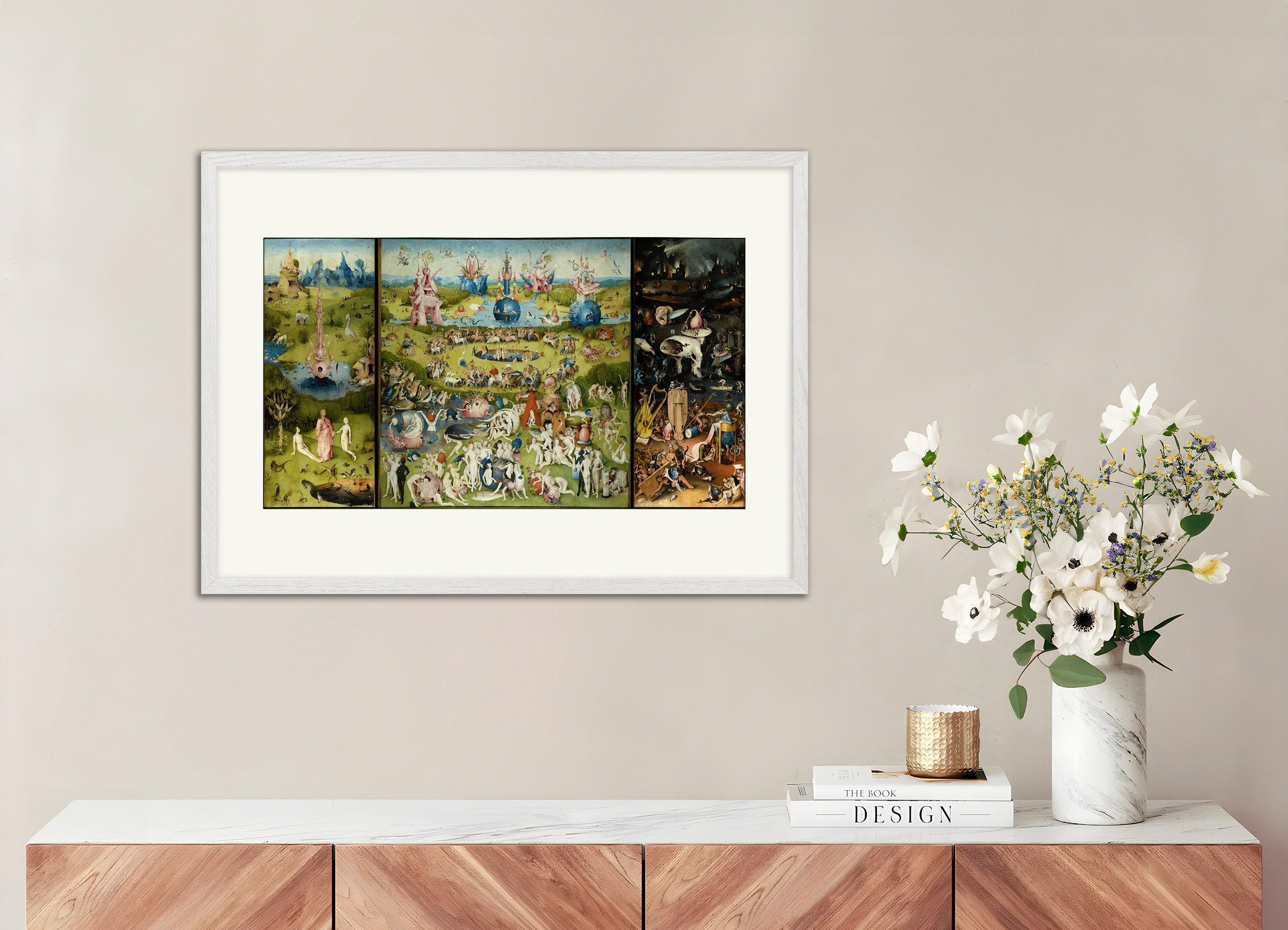 Poster of Garden of earthly delights print, with white wooden frame