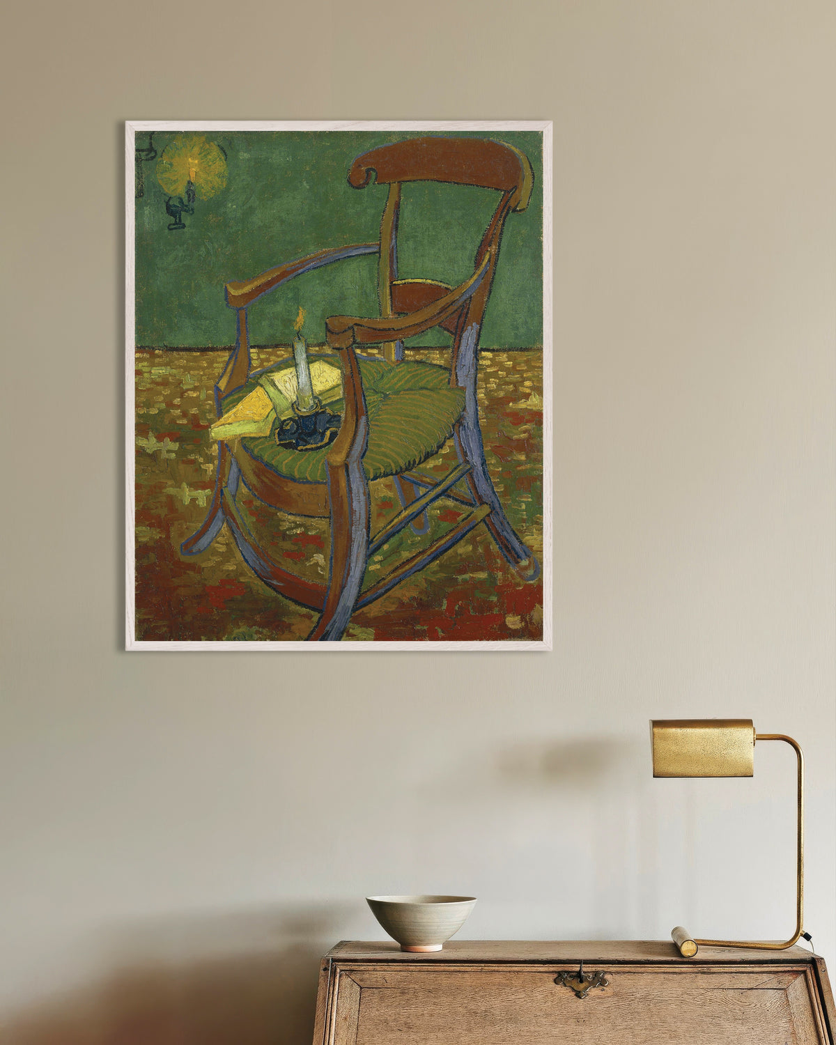 Poster of Gauguin's Chair (1888) by Vincent van Gogh, with white wooden frame