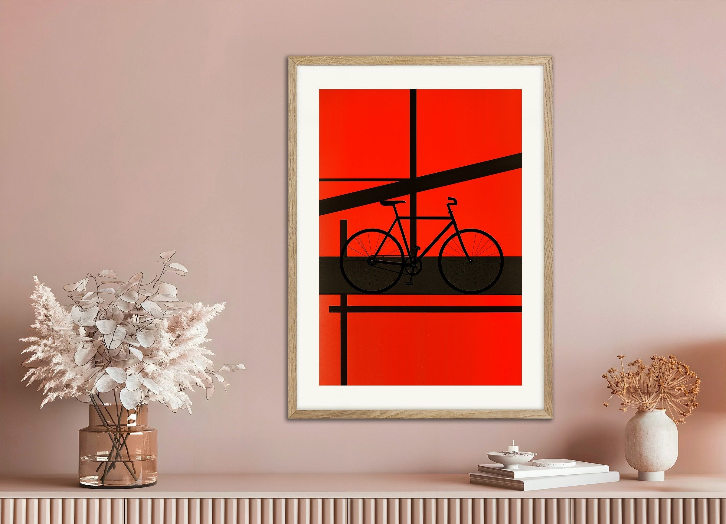 Poster of Geometric abstract art poster, bike, with natural wooden frame