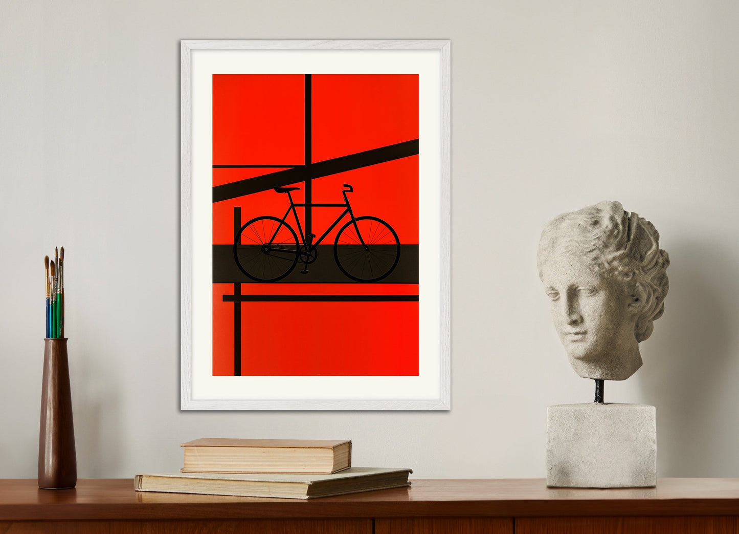 Poster of Geometric abstract art poster, bike, with white wooden frame