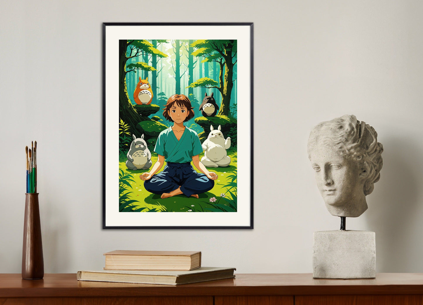 Poster of Ghibli Poster, Totoro and Meditation, with metal frame