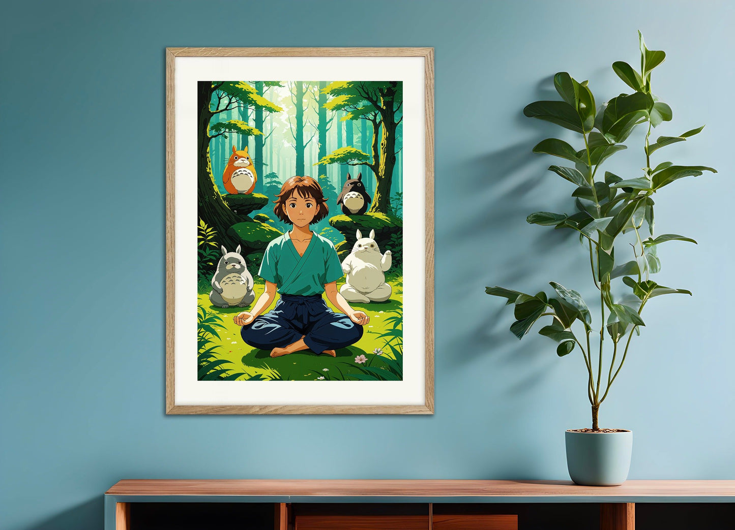 Poster of Ghibli Poster, Totoro and Meditation, with natural wooden frame