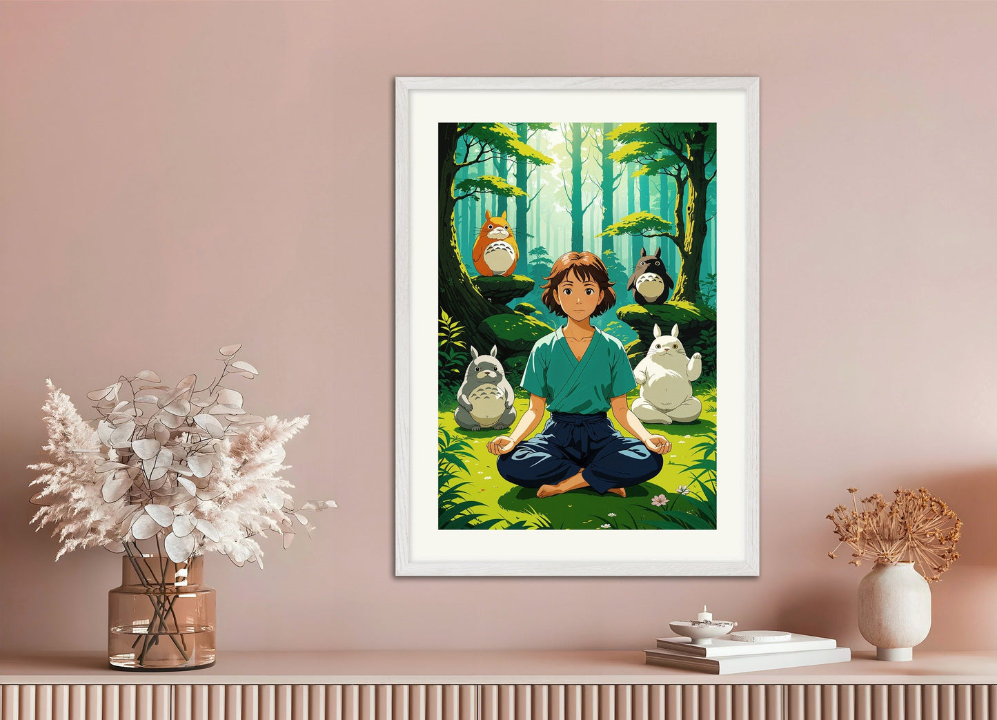 Poster of Ghibli Poster, Totoro and Meditation, with white wooden frame