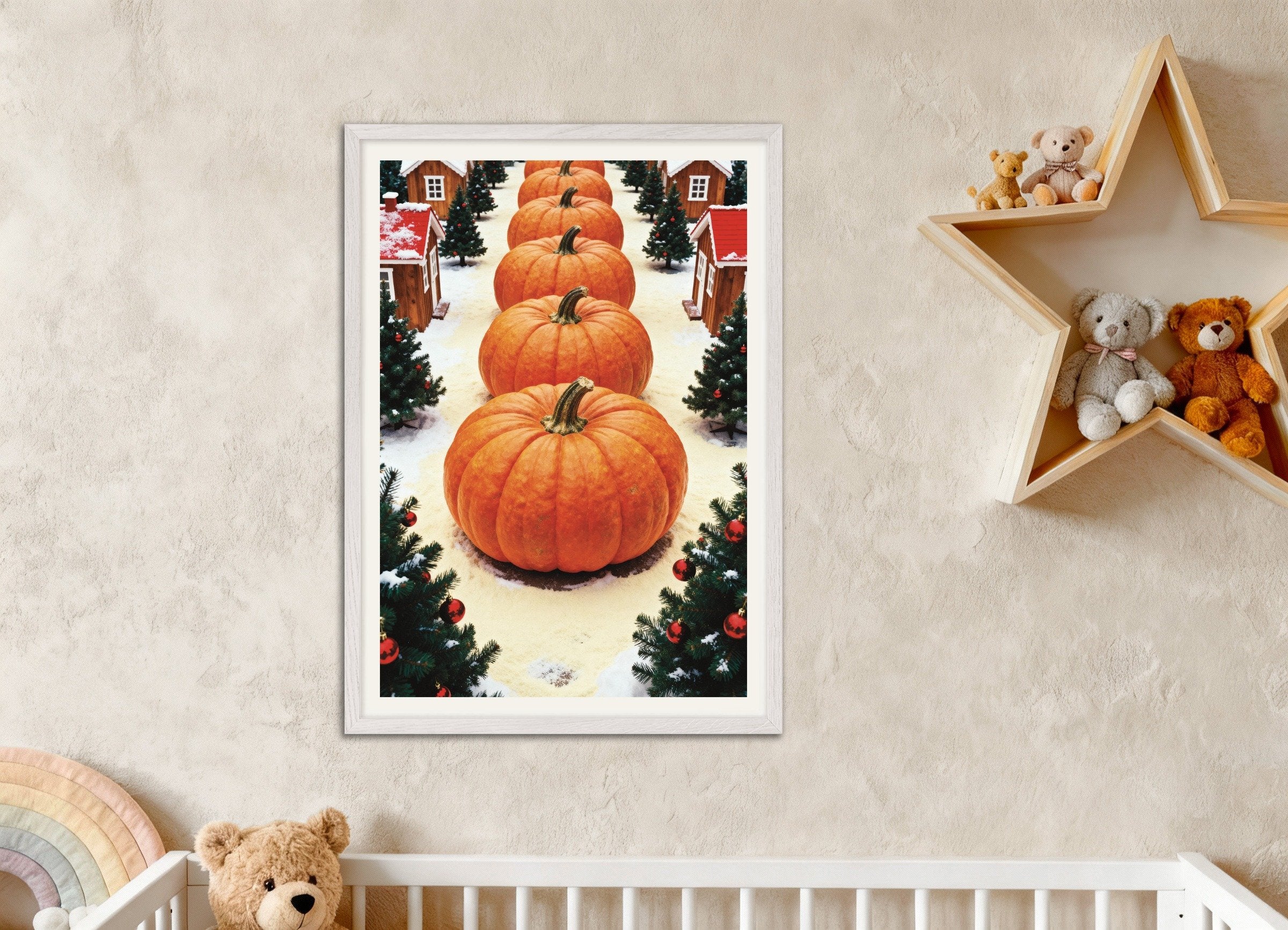 Poster of Giant pumpkins in the Christmas village poster, with white wooden frame