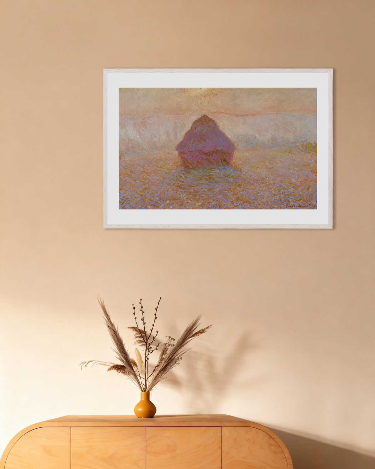 Plakat Kornstakk, sol i disen (1891) av Claude Monet med hvit treramme