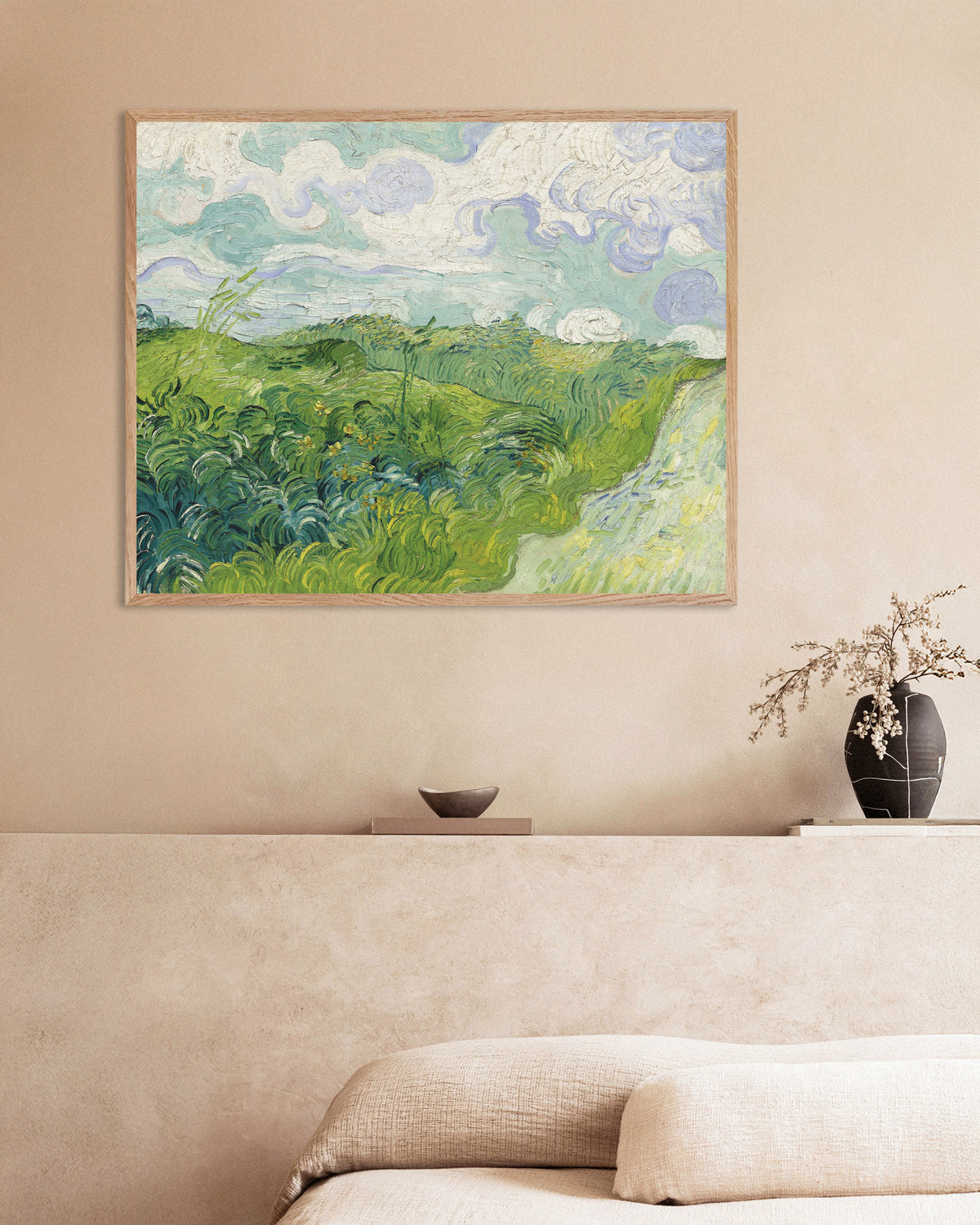 Poster of Green Wheat Fields, Auvers (1890) by Vincent van Gogh, with natural wooden frame