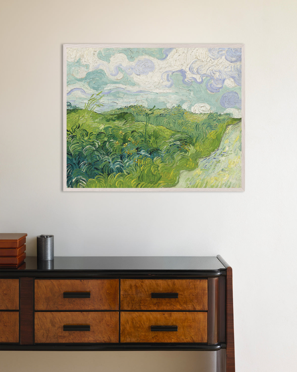 Poster of Green Wheat Fields, Auvers (1890) by Vincent van Gogh, with white wooden frame