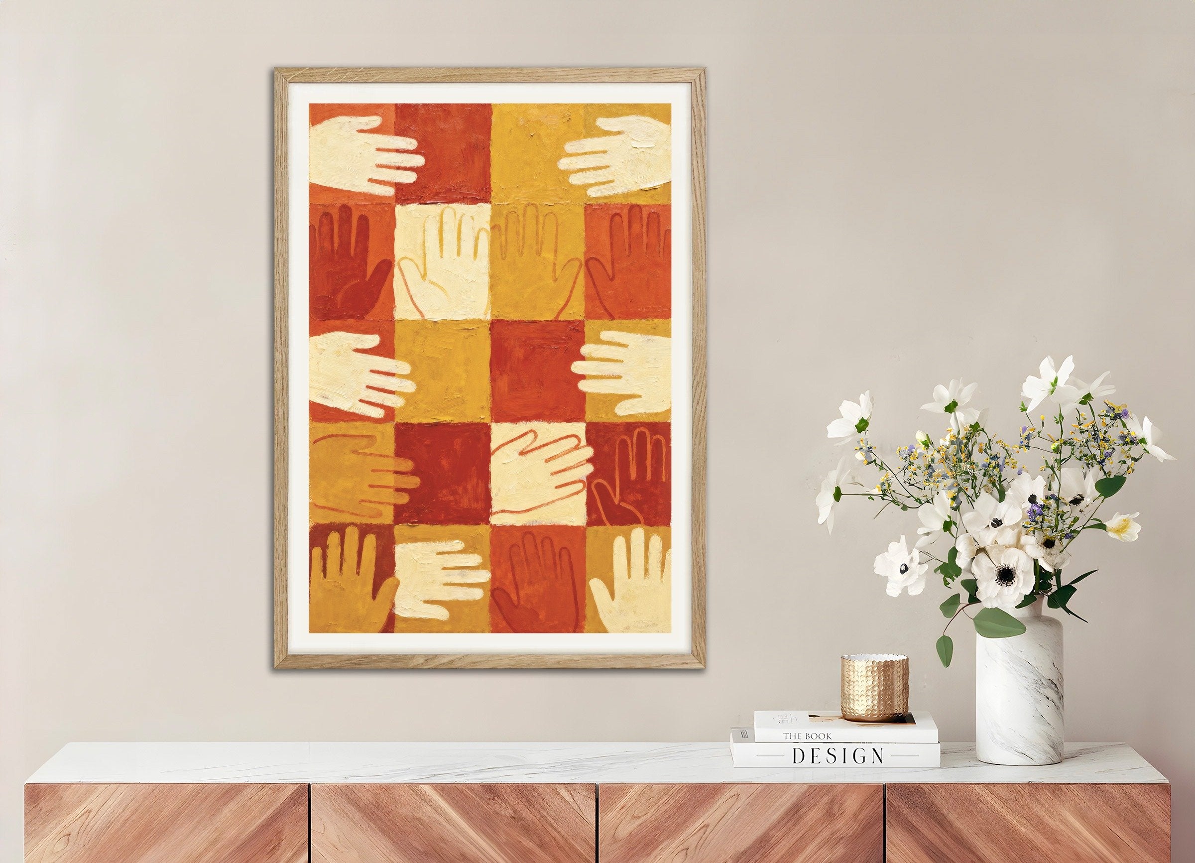 Poster of Hands poster - Fraternity and unity wall art, with natural wooden frame