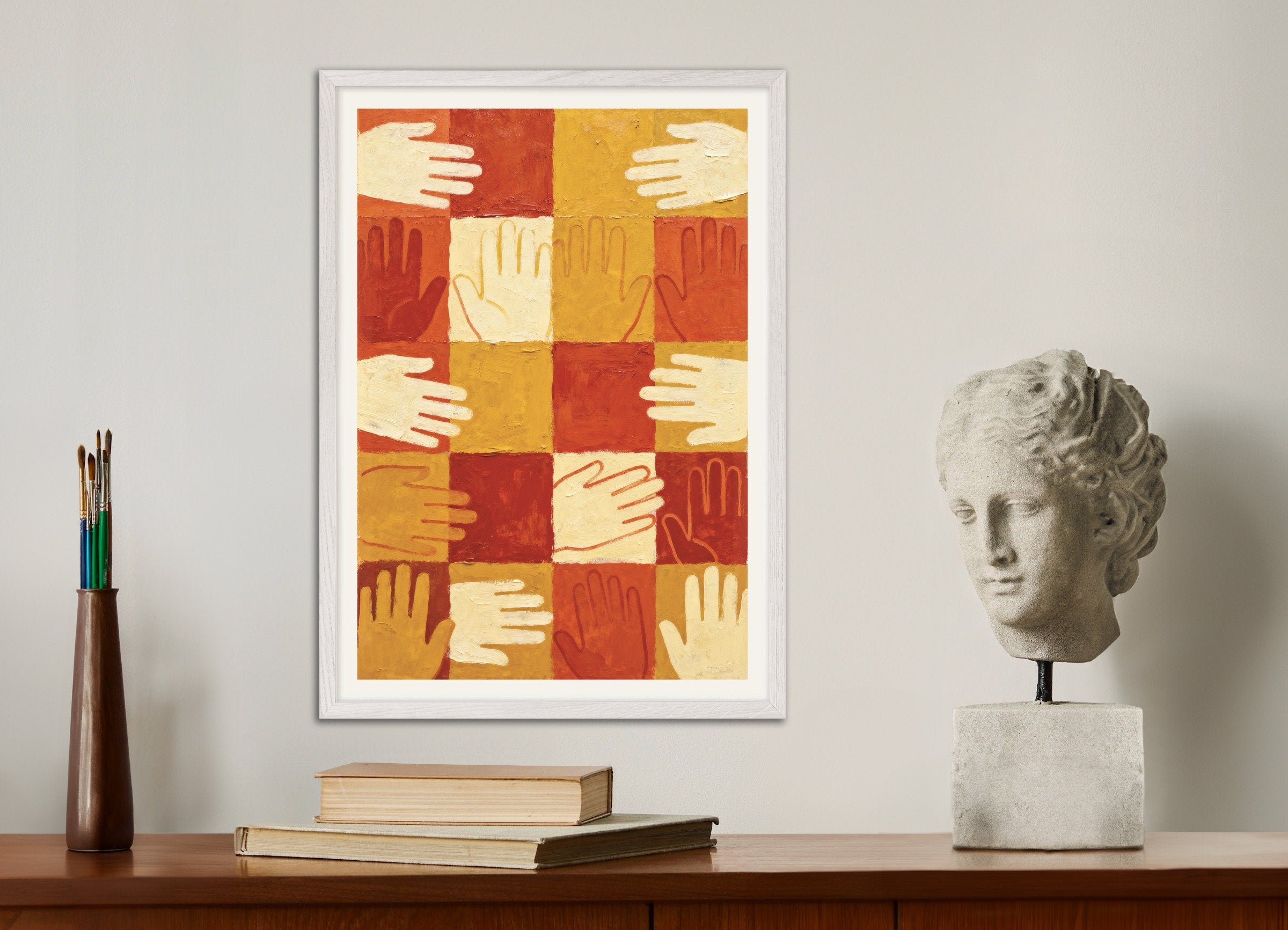 Poster of Hands poster - Fraternity and unity wall art, with white wooden frame