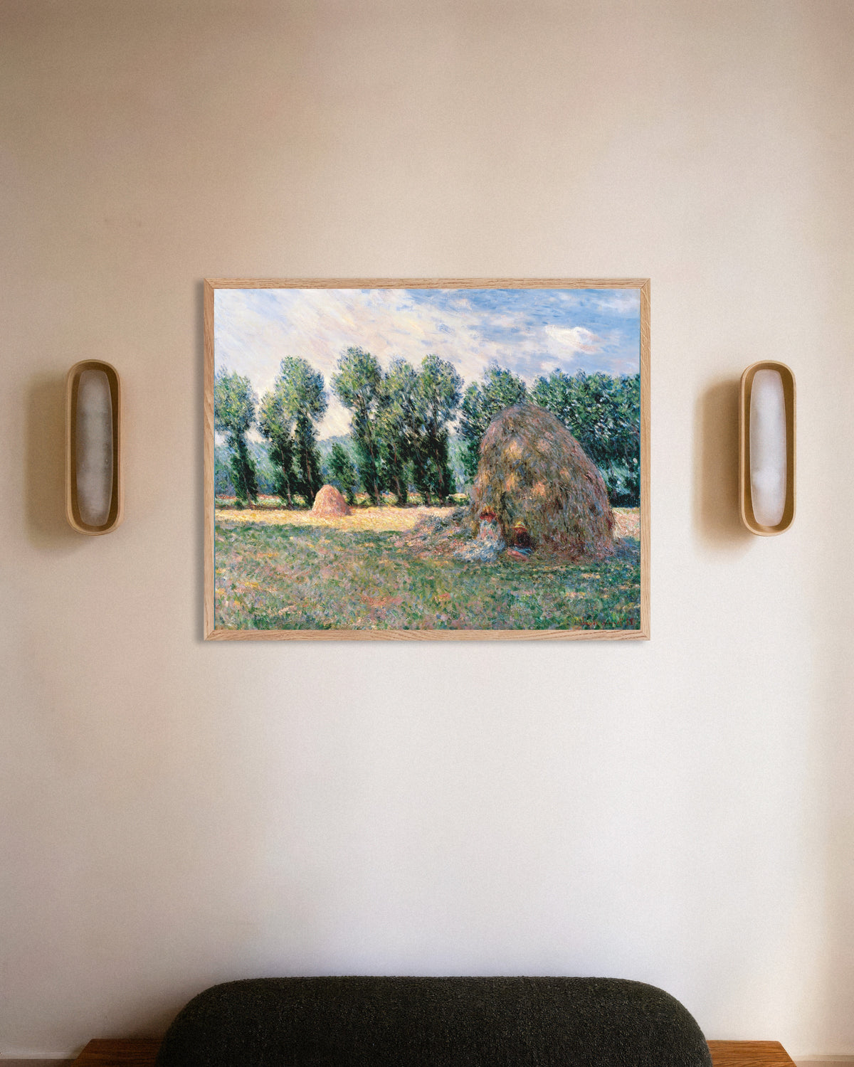 Poster of Haystacks (1885) by Claude Monet, with natural wooden frame