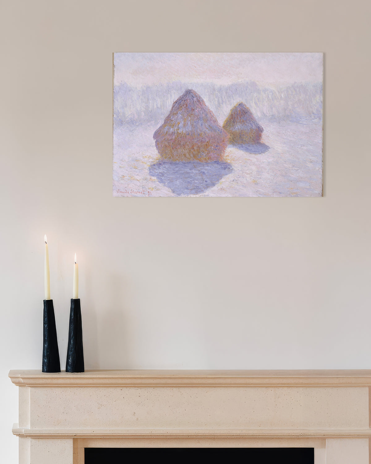 Plakat Kornstakker, snø og sol (1891) av Claude Monet