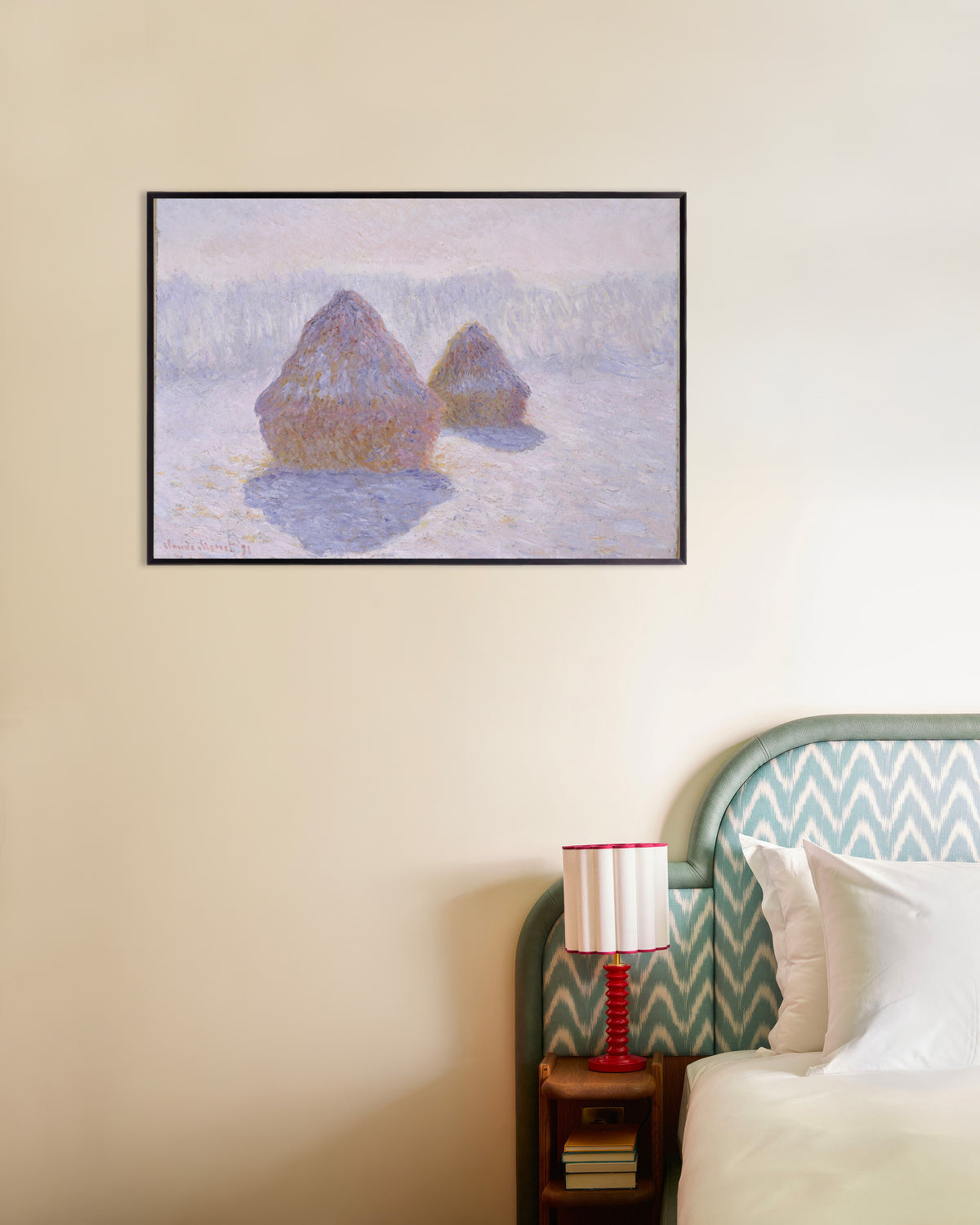 Plakat Kornstakker, snø og sol (1891) av Claude Monet med metallramme