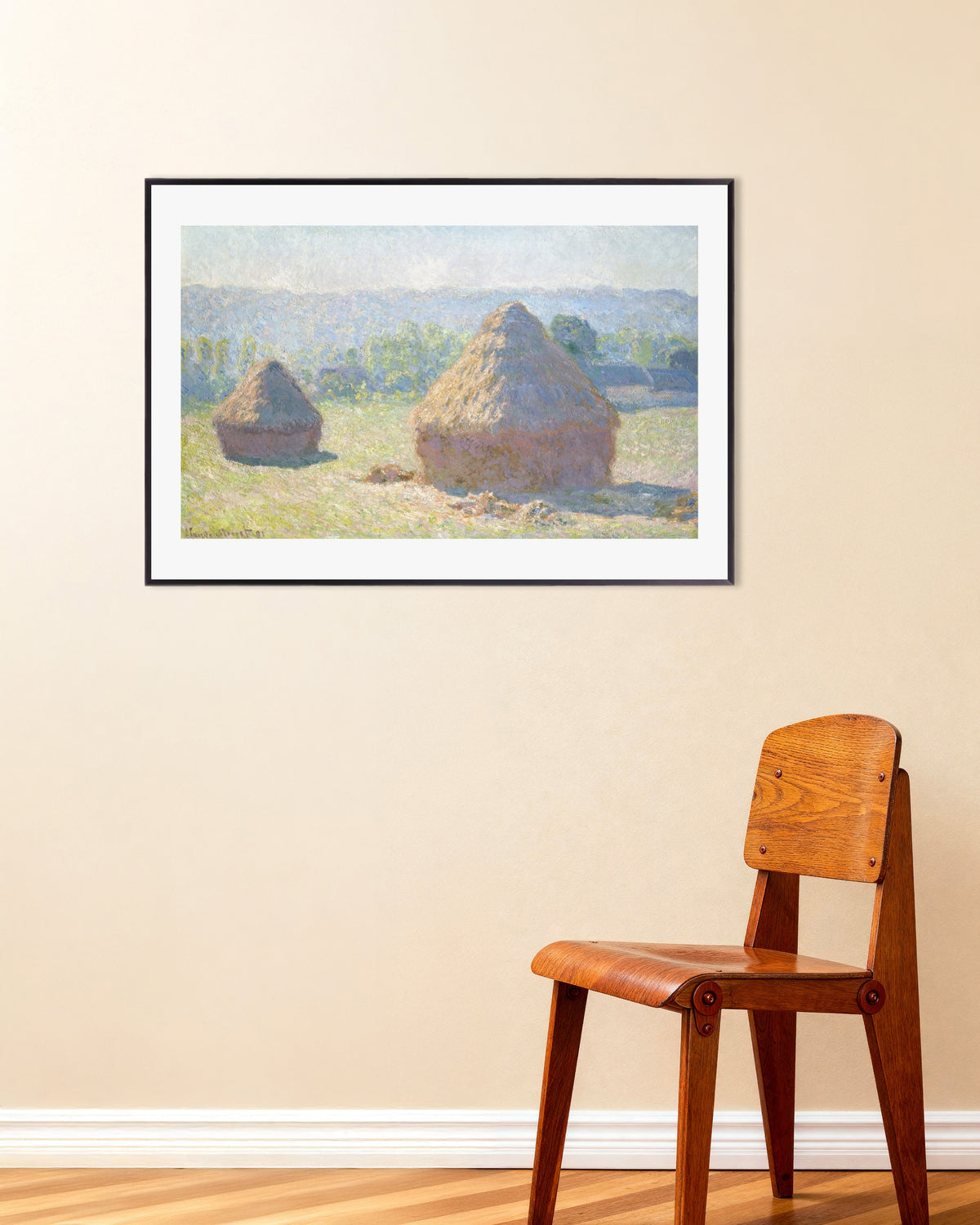 Plakat Kornstakker, sensommer (1891) av Claude Monet med metallramme