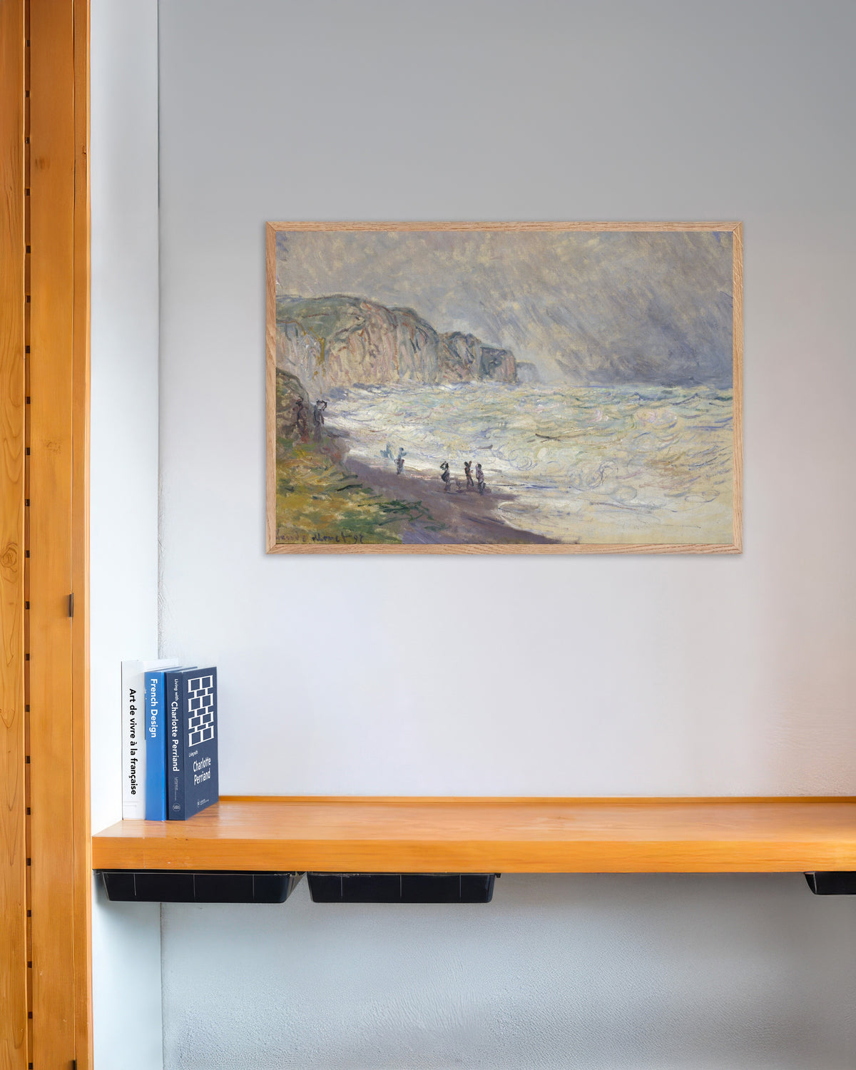 Plakat Grov sjø ved Pourville (1897) av Claude Monet med ramme i naturtre