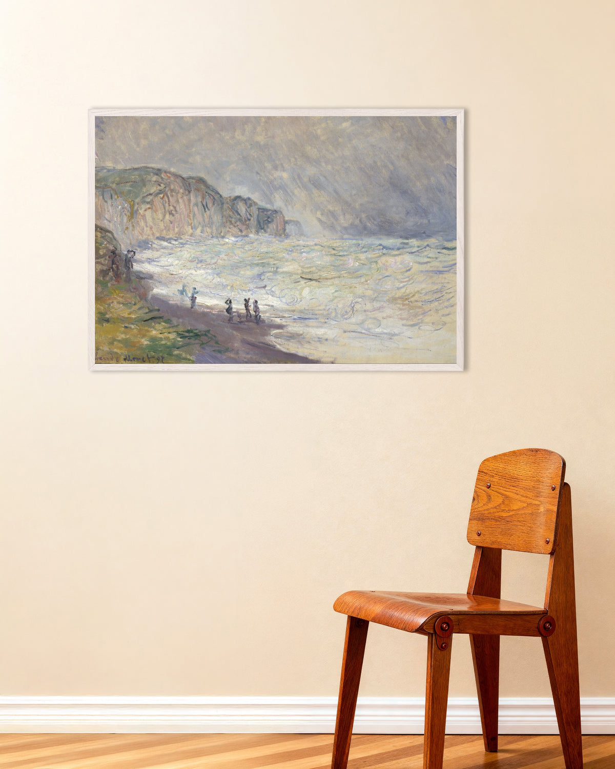 Plakat Grov sjø ved Pourville (1897) av Claude Monet med hvit treramme