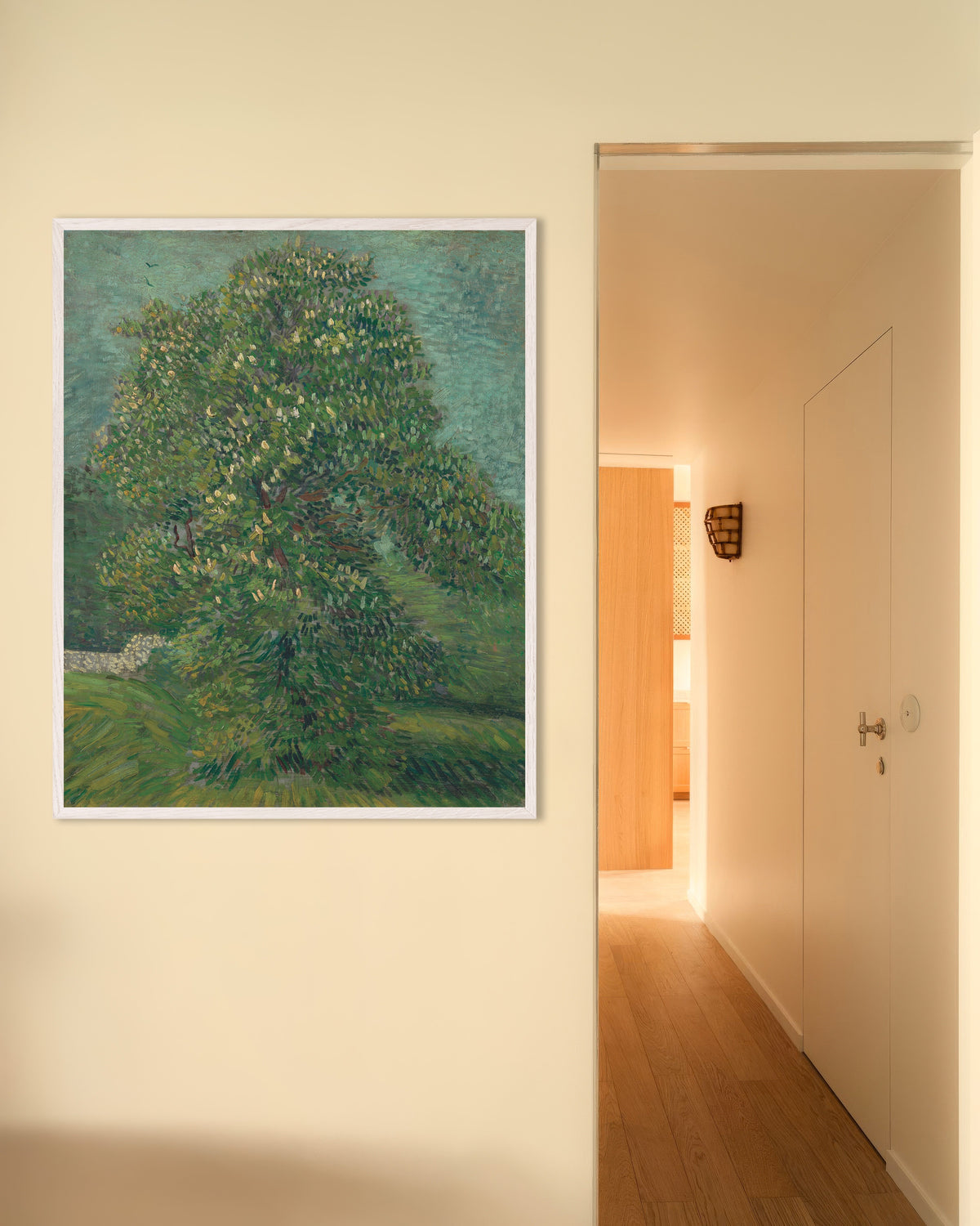 Poster of Horse Chestnut Tree in Blossom (1887) by Vincent van Gogh, with white wooden frame