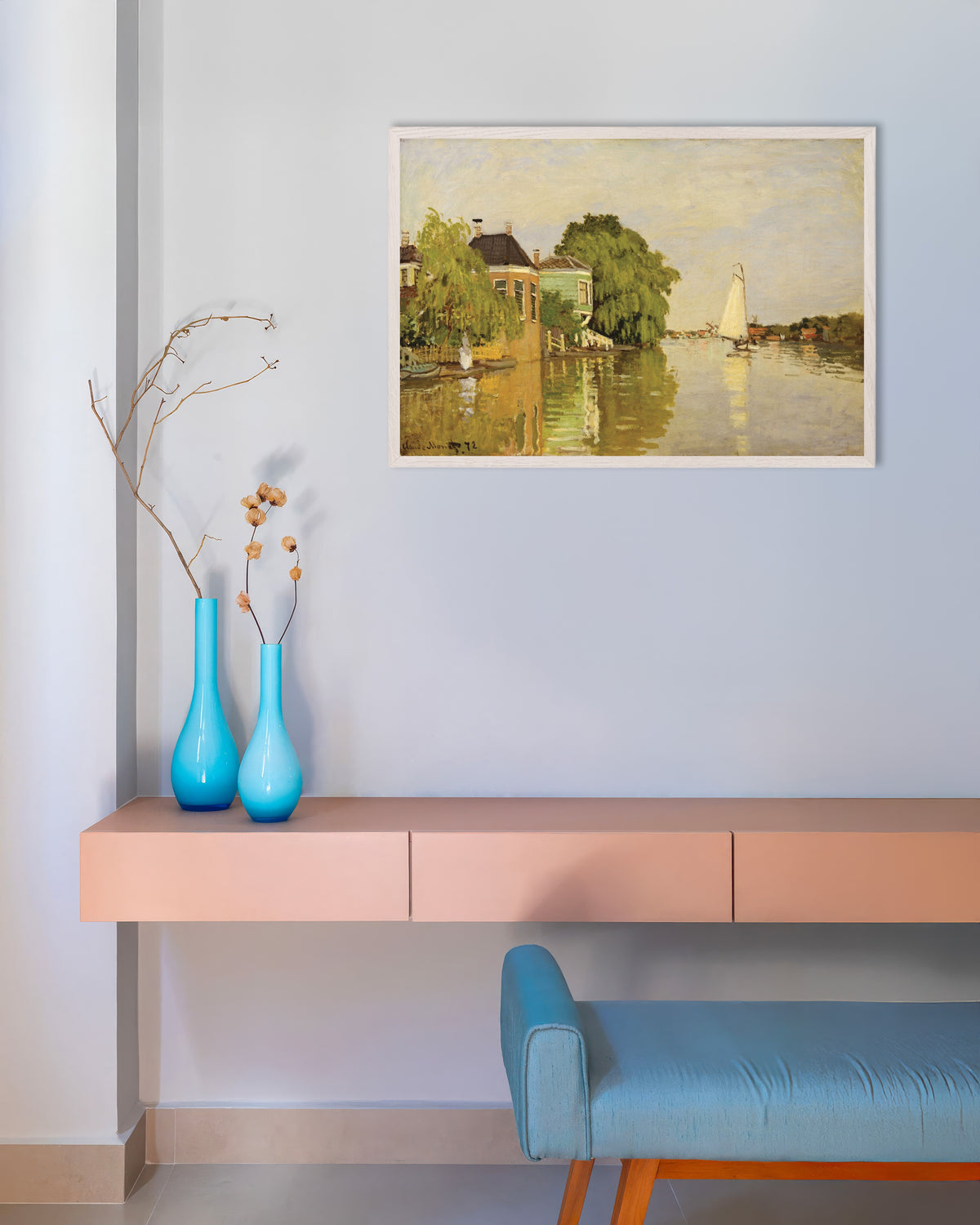 Plakat Hus ved Achterzaan (1871) av Claude Monet med hvit treramme