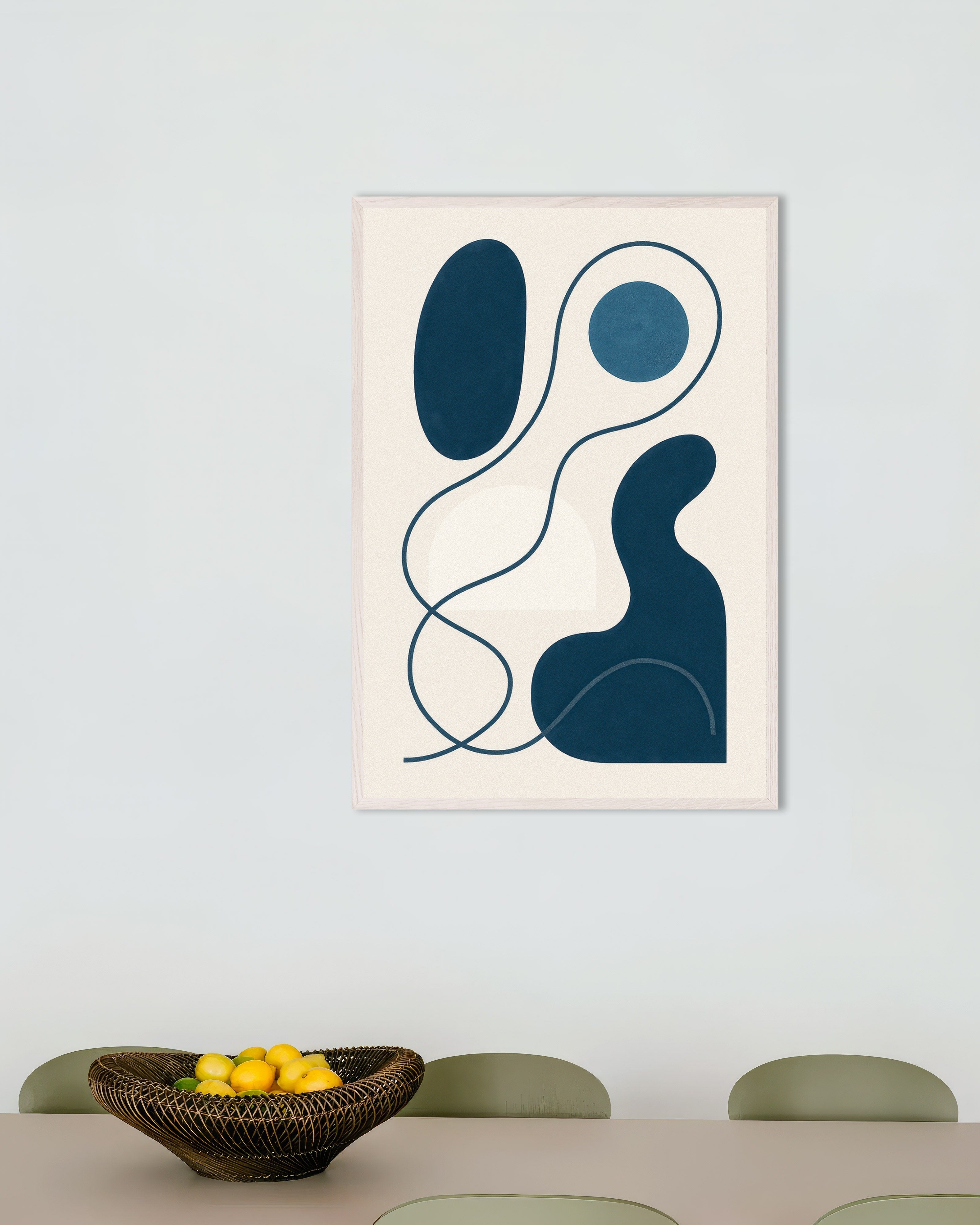 Poster of Inflections 01 – modern abstract line art in blue Poster, with white wooden frame