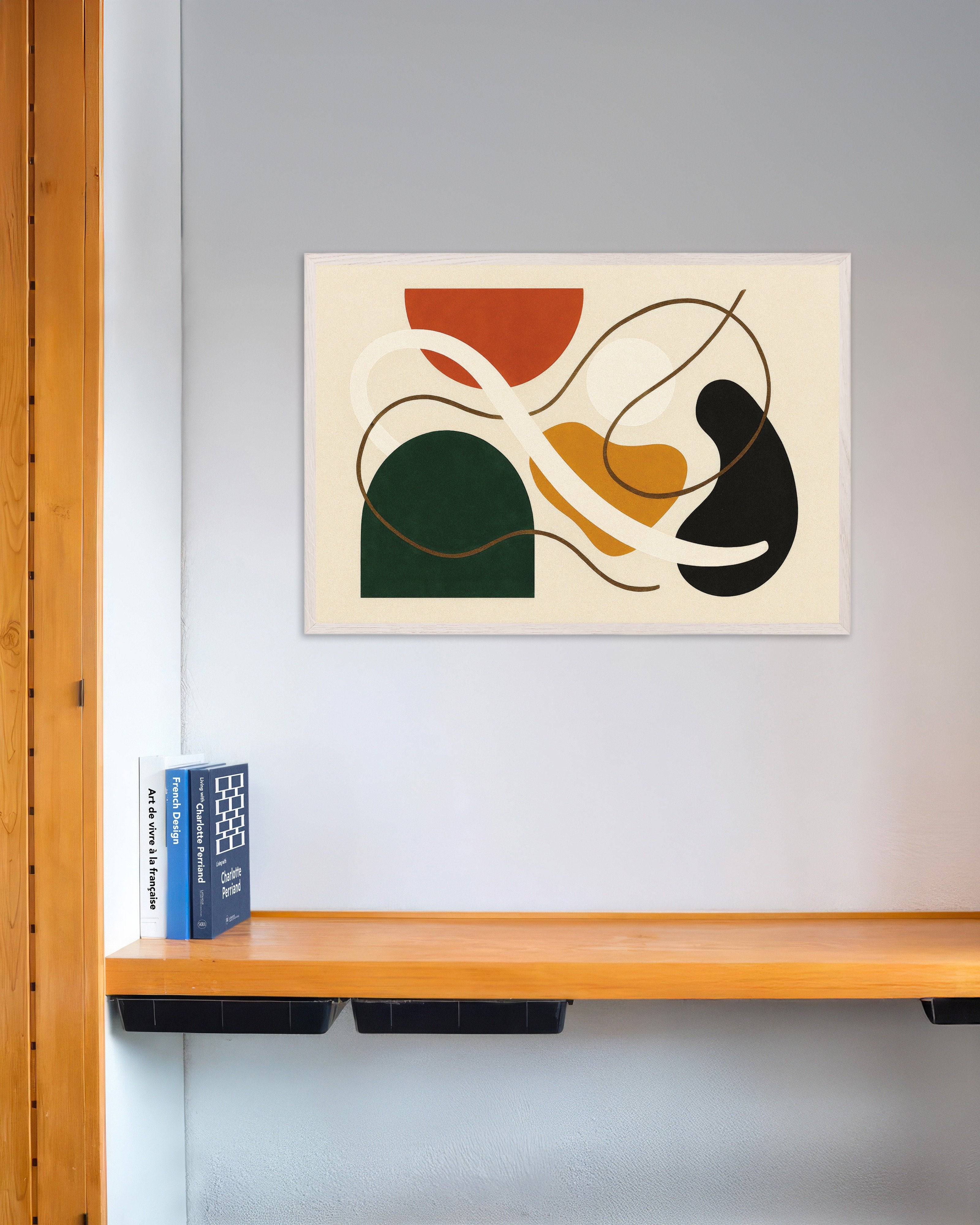 Poster of Inflections 03 – abstract composition with bold forms Poster, with white wooden frame