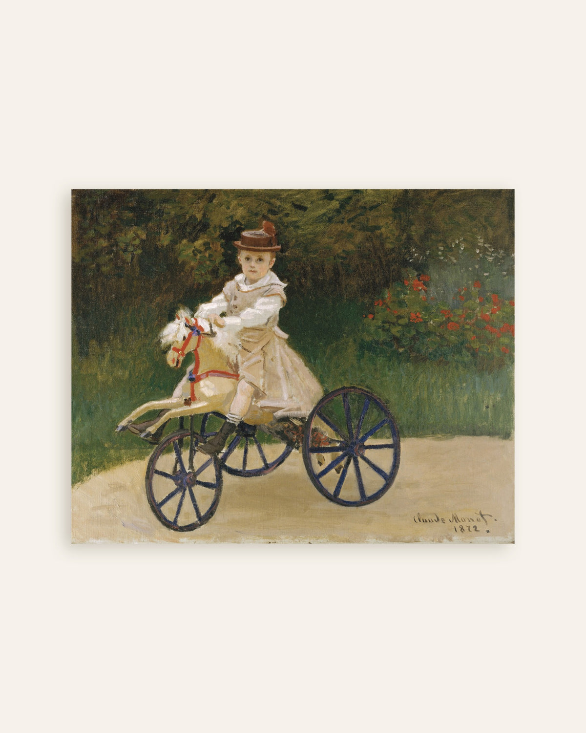 Plakat Jean Monet på kjepphesten sin (1872) av Claude Monet, miniatyr