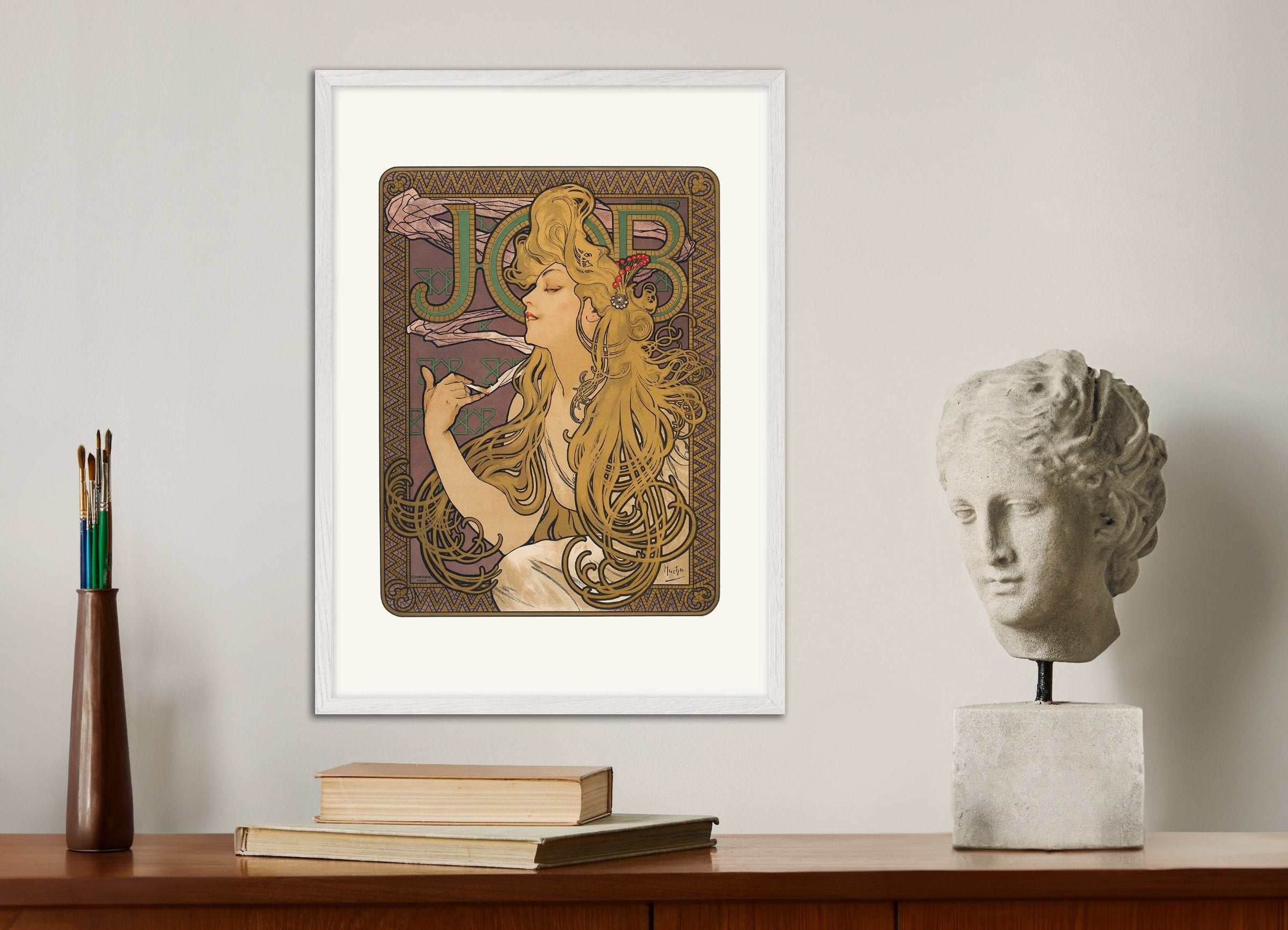 Poster of Job (1896) by Alfons Mucha, with white wooden frame