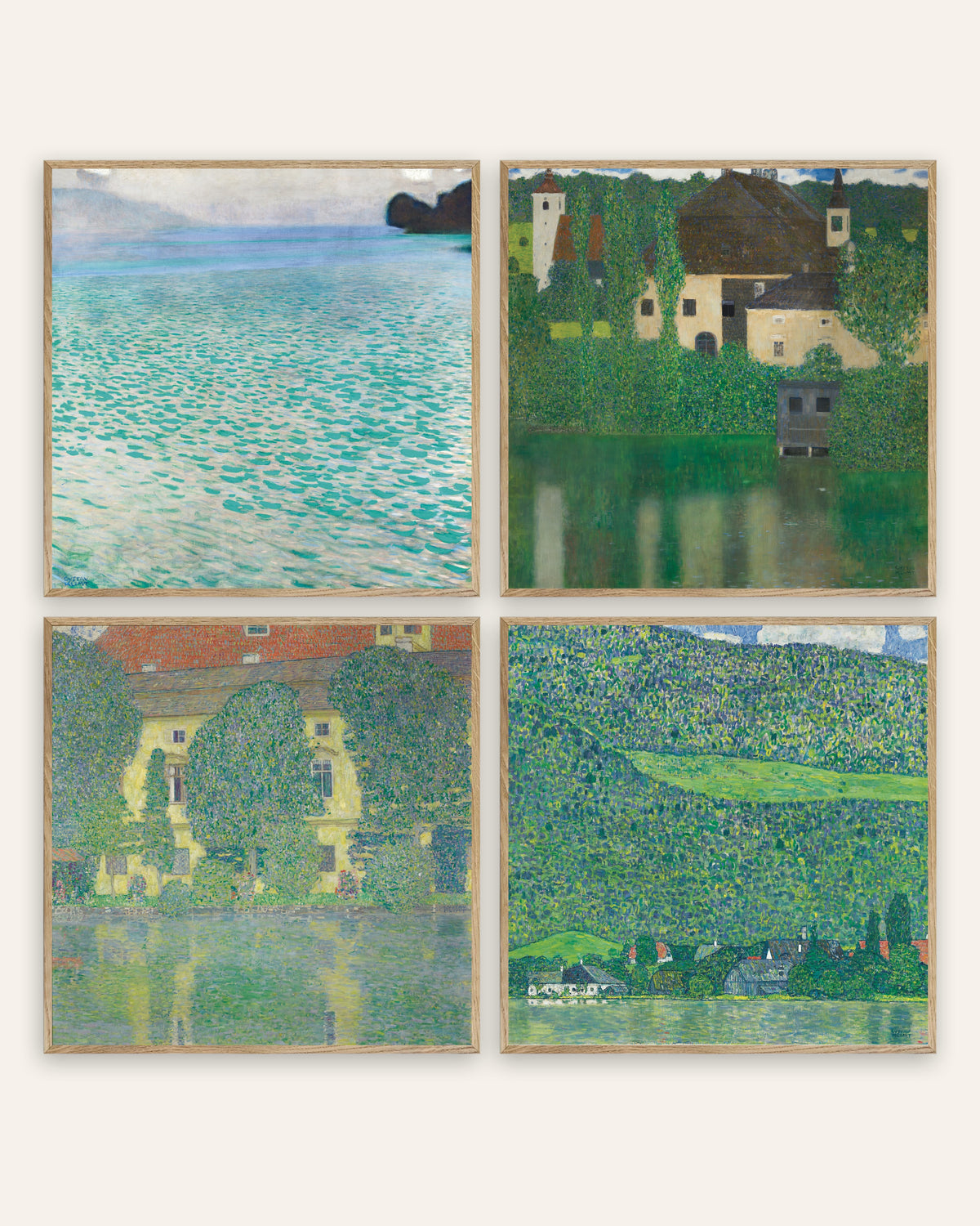 Klimt-postere, sett med 4: Attersee, Vannslottet, Schloss Kammer og Litzlberg, i rammer av natureik