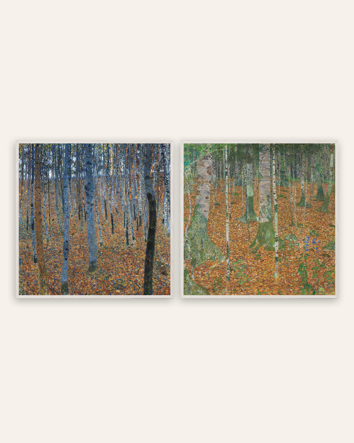Klimt-postere, sett med 2: Bøkeskog I og Bjørkeskog, i hvite eikerammer