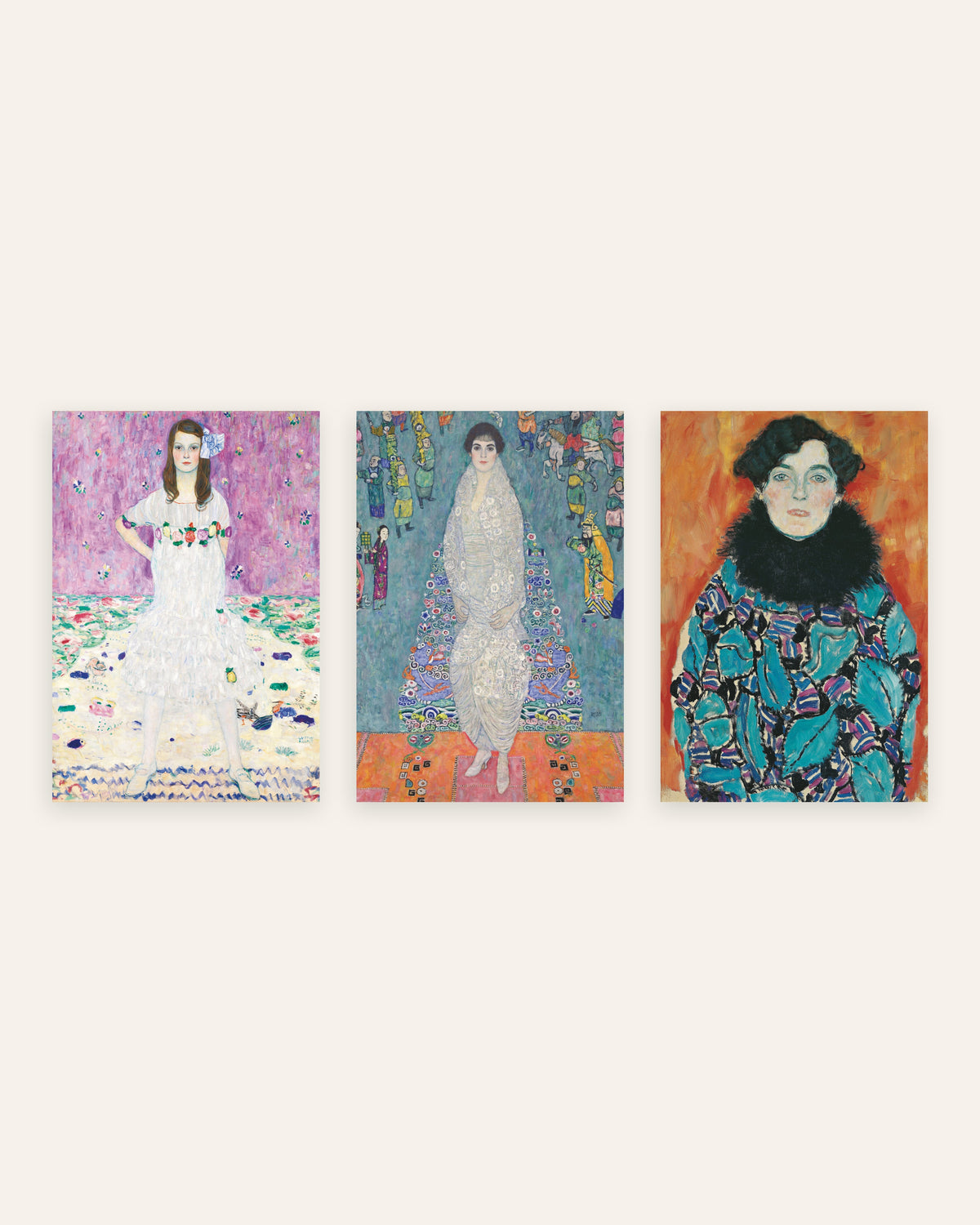 Klimt-postere, sett med 3 portretter: Mäda Primavesi, Elisabeth Lederer og Johanna Staude, uten ramme