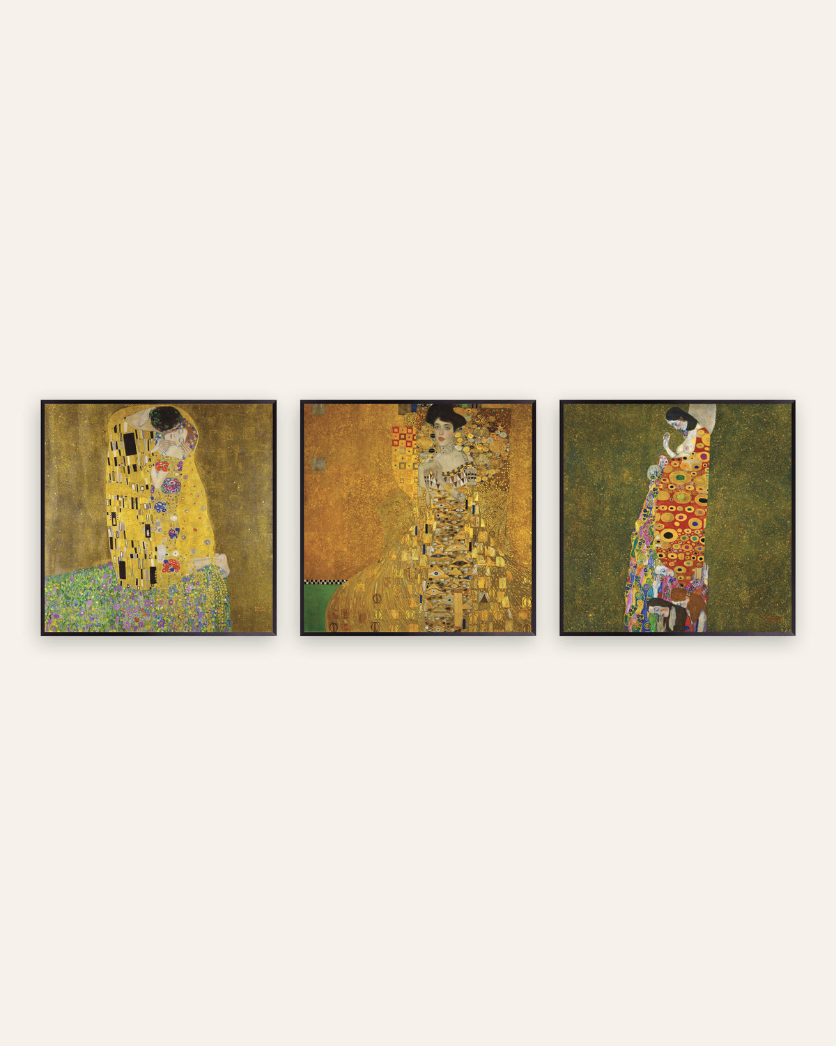 Klimt-postere, sett med 3: Kysset, Adele Bloch-Bauer I og Håpet II, i svarte metallrammer