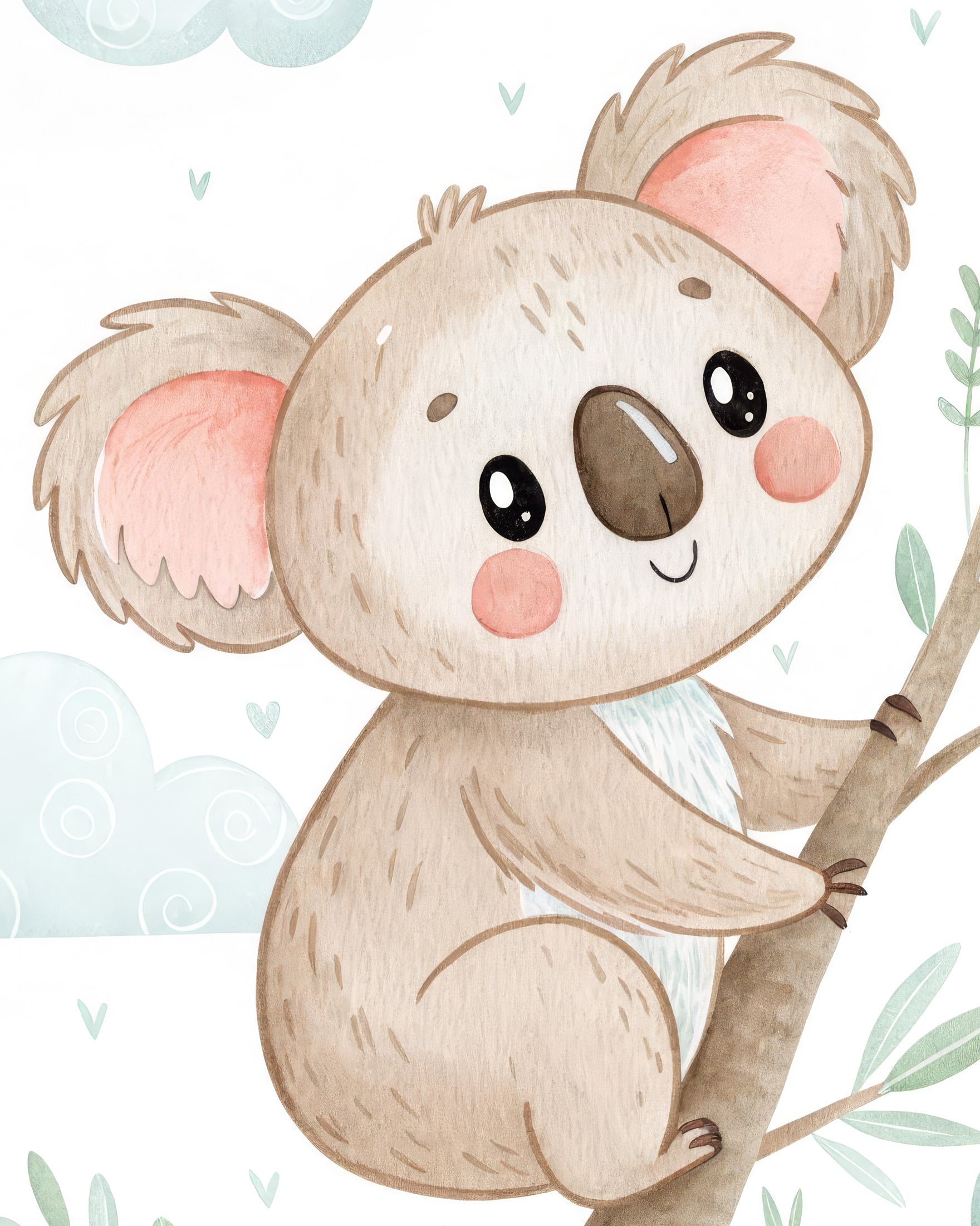 Cartoon koala sitting on a branch with a light blue background
