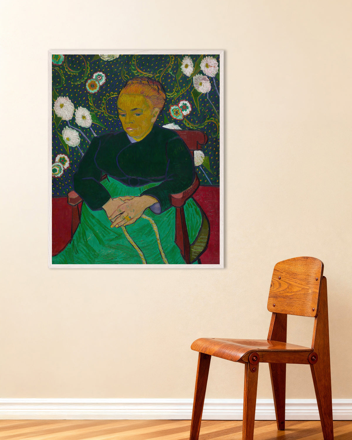 Poster av La Berceuse, Madame Roulin vugger vuggen (1889) av Vincent van Gogh, med hvit treramme