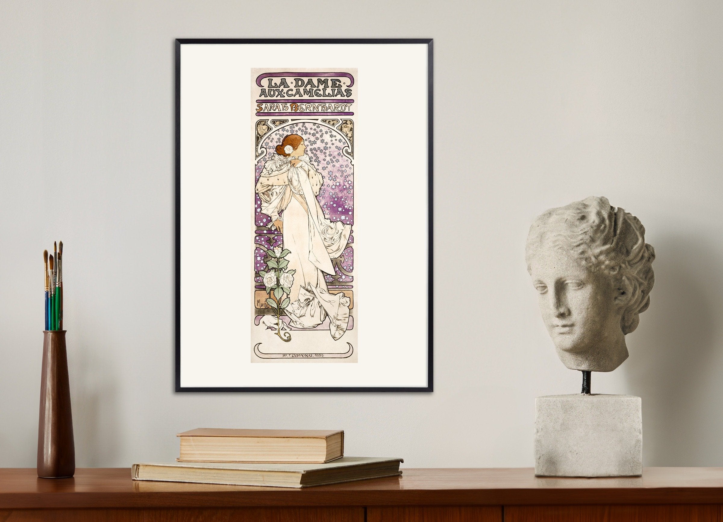 Poster of La dame, aux camelias, Sarah Bernhardt (1896) by Alfons Mucha, with metal frame