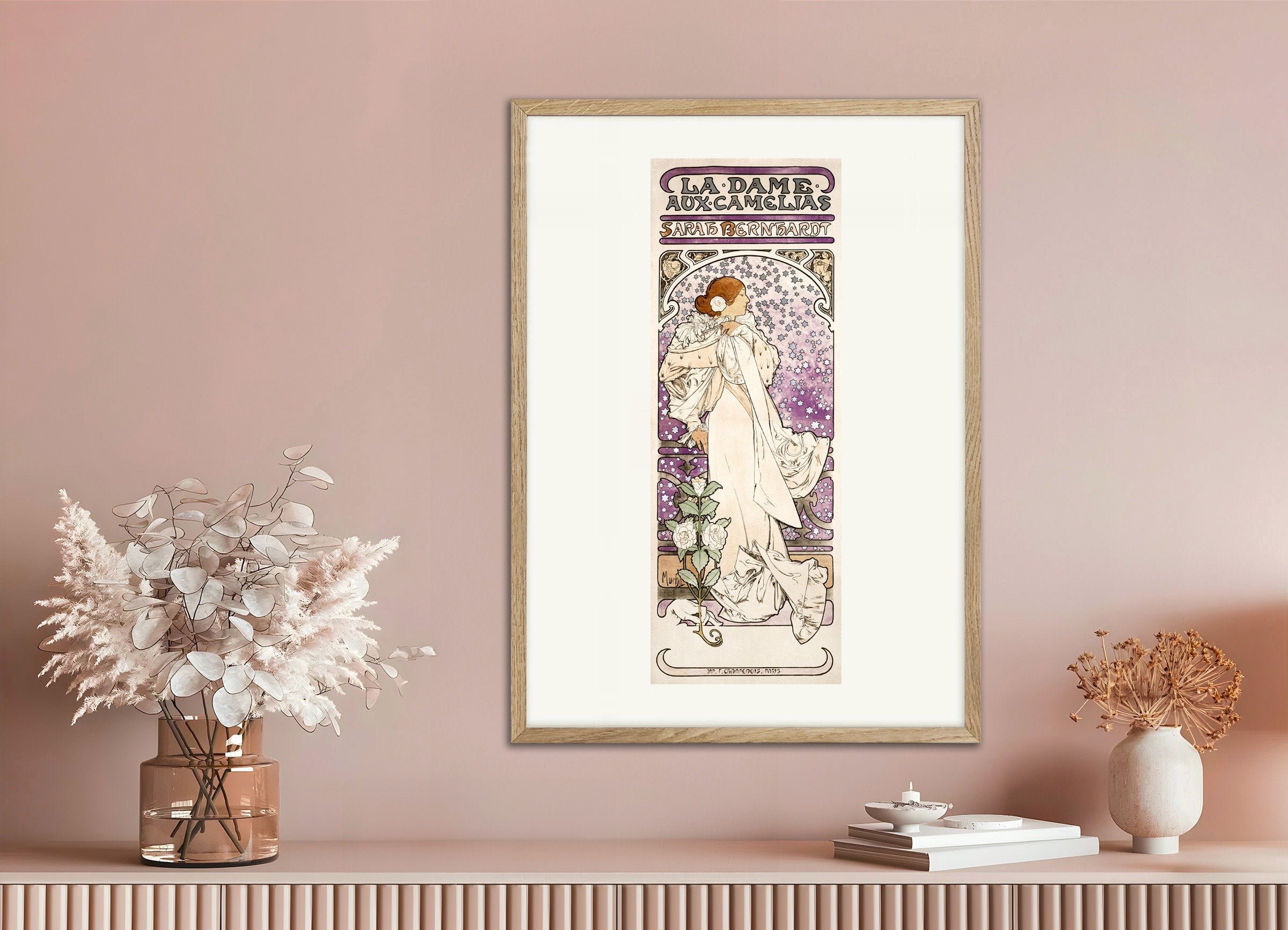 Poster of La dame, aux camelias, Sarah Bernhardt (1896) by Alfons Mucha, with natural wooden frame