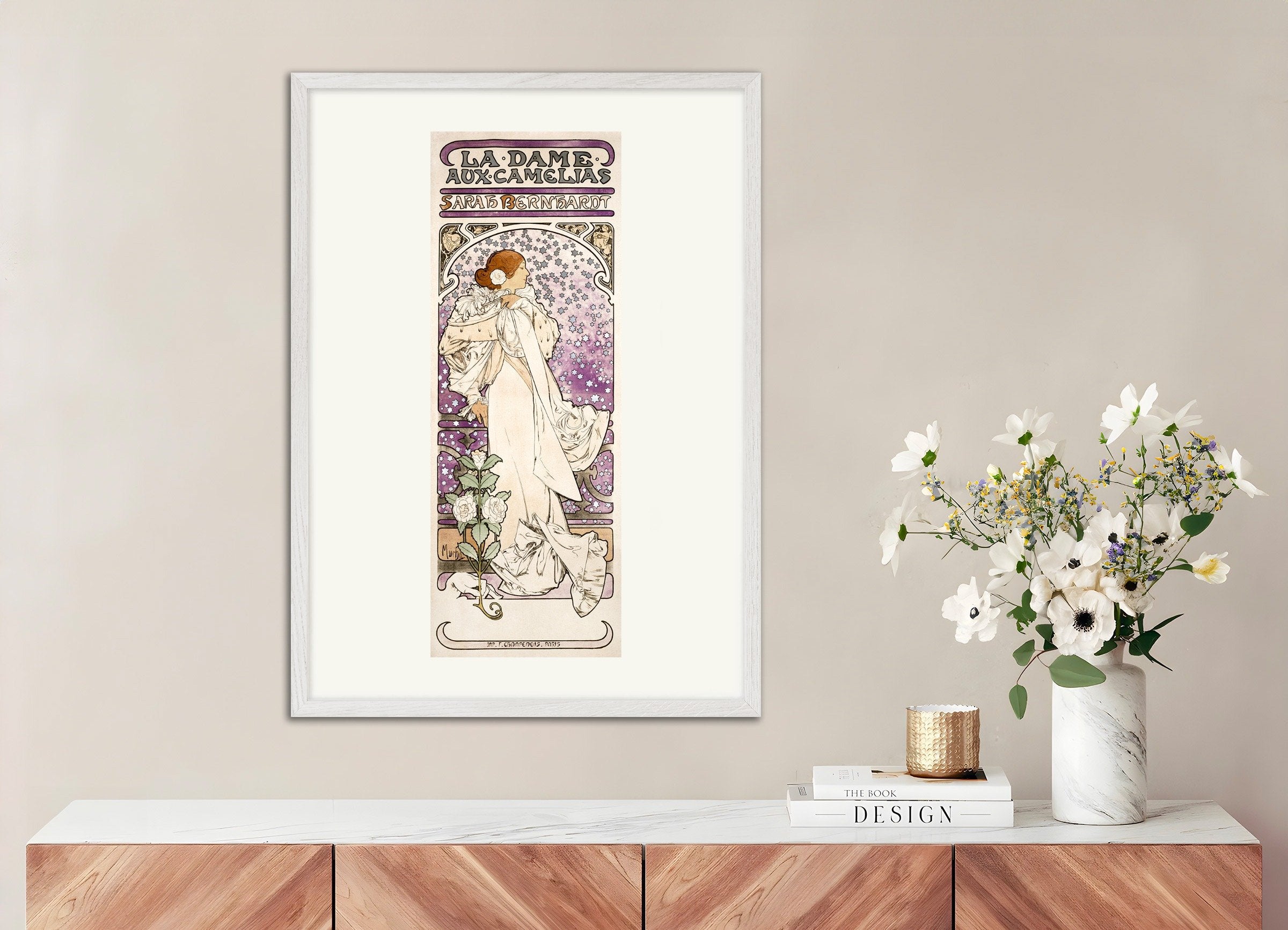 Poster of La dame, aux camelias, Sarah Bernhardt (1896) by Alfons Mucha, with white wooden frame