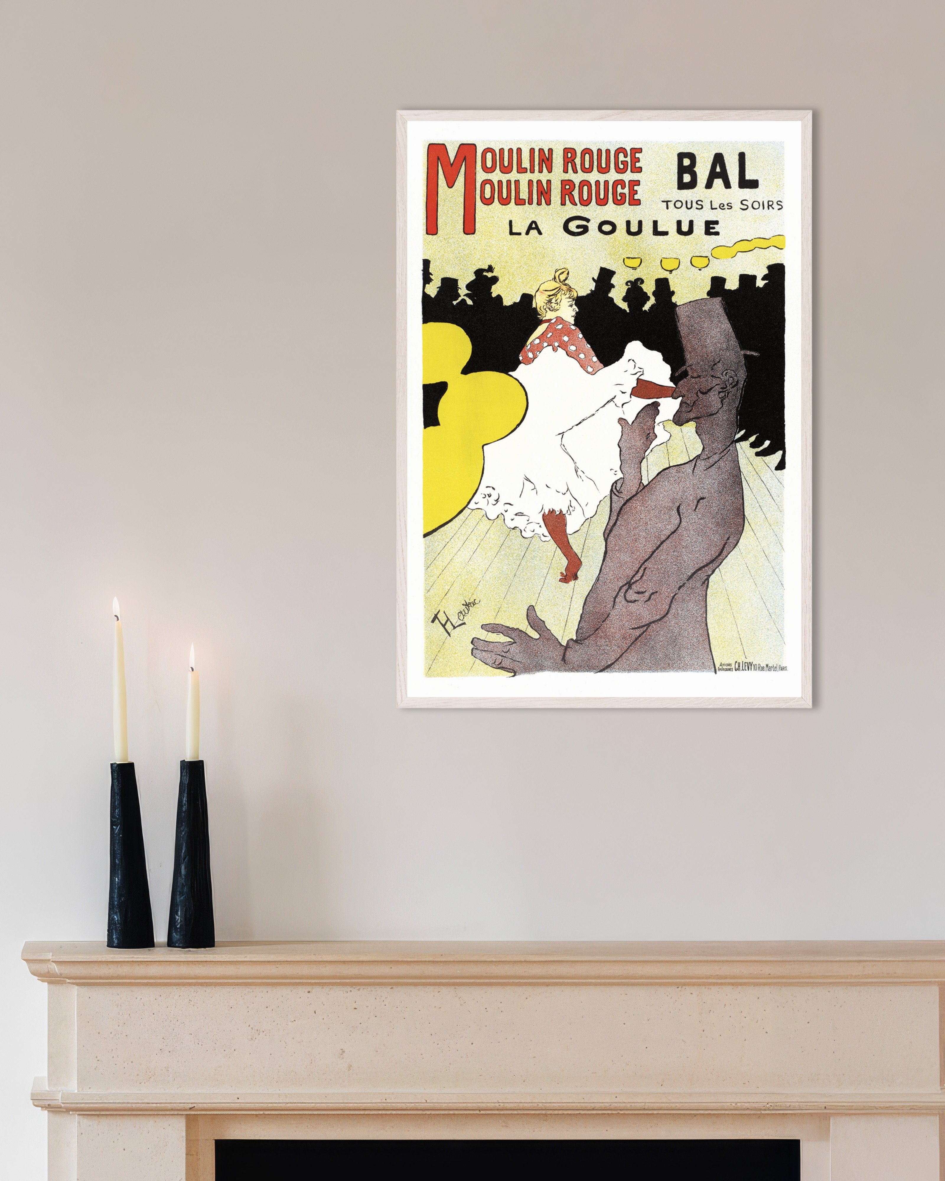 Poster of 'La Goulue' (1898) by Henri de Toulouse-Lautrec, Affiche pour le Moulin Rouge, with white wooden frame