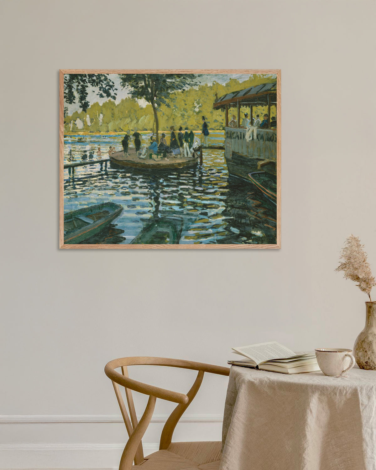 Plakat La Grenouillère (1869) av Claude Monet med ramme i naturtre
