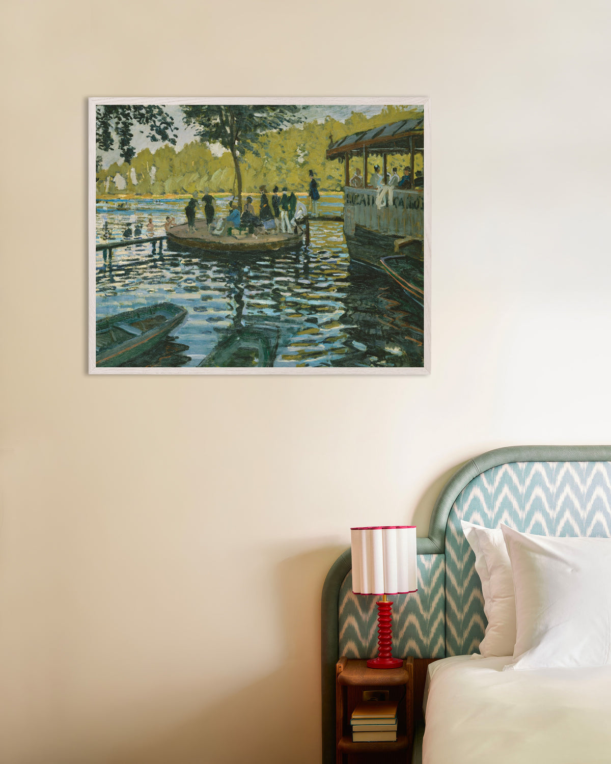 Plakat La Grenouillère (1869) av Claude Monet med hvit treramme