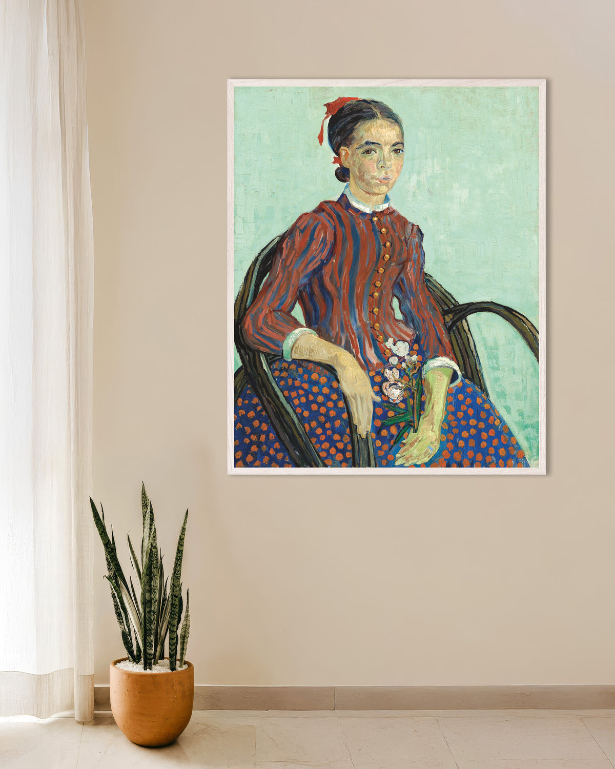 Poster av La Mousmé (1888) av Vincent van Gogh, med hvit treramme