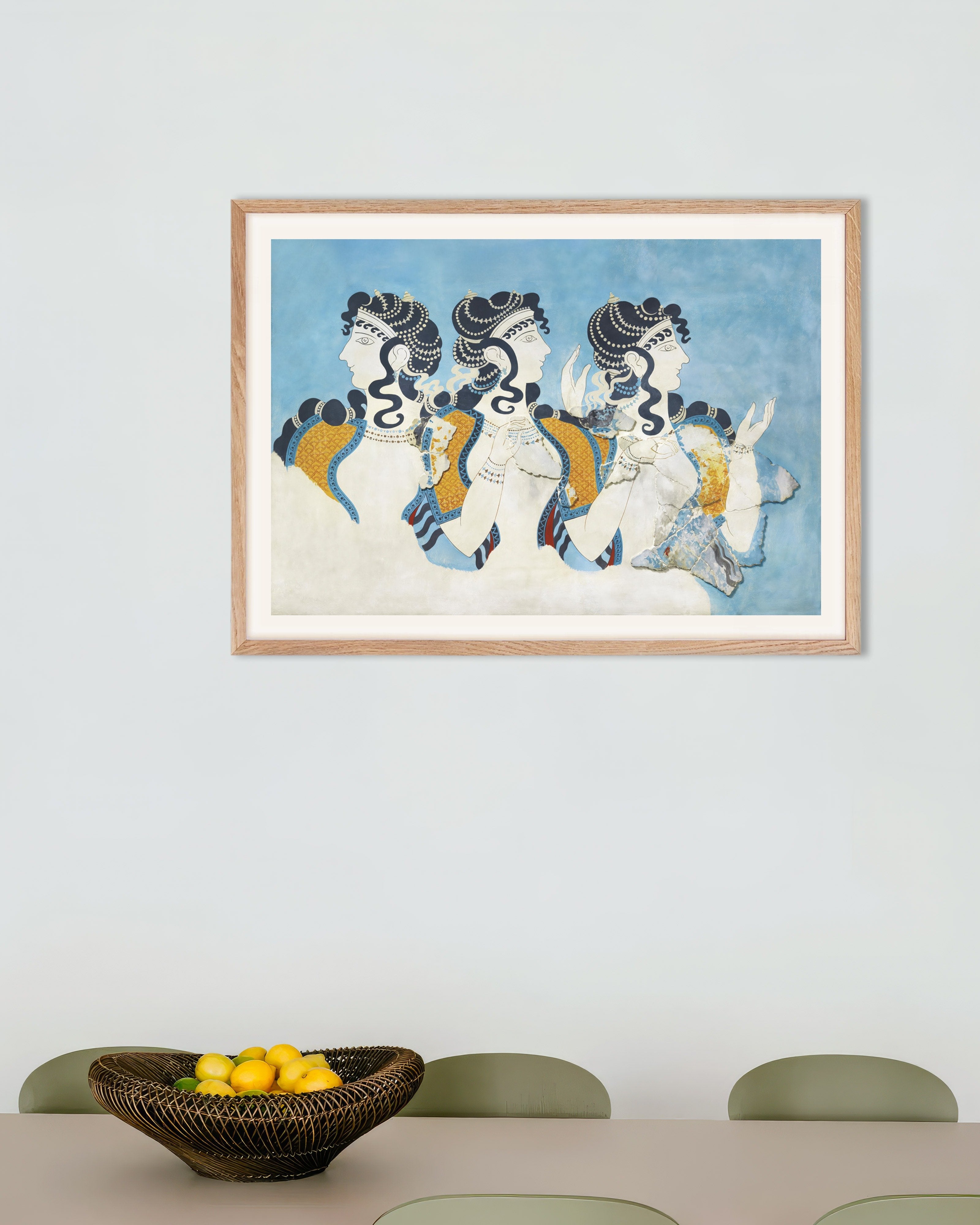 Poster of Ladies in Blue fresco reproduction by Emile Gilliéron Poster, with natural wooden frame