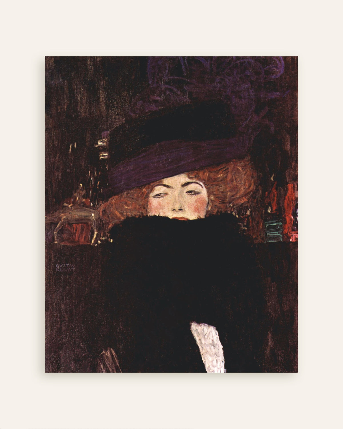 Poster av Dame med hatt og fjærboa (1909) av Gustav Klimt, miniatyr