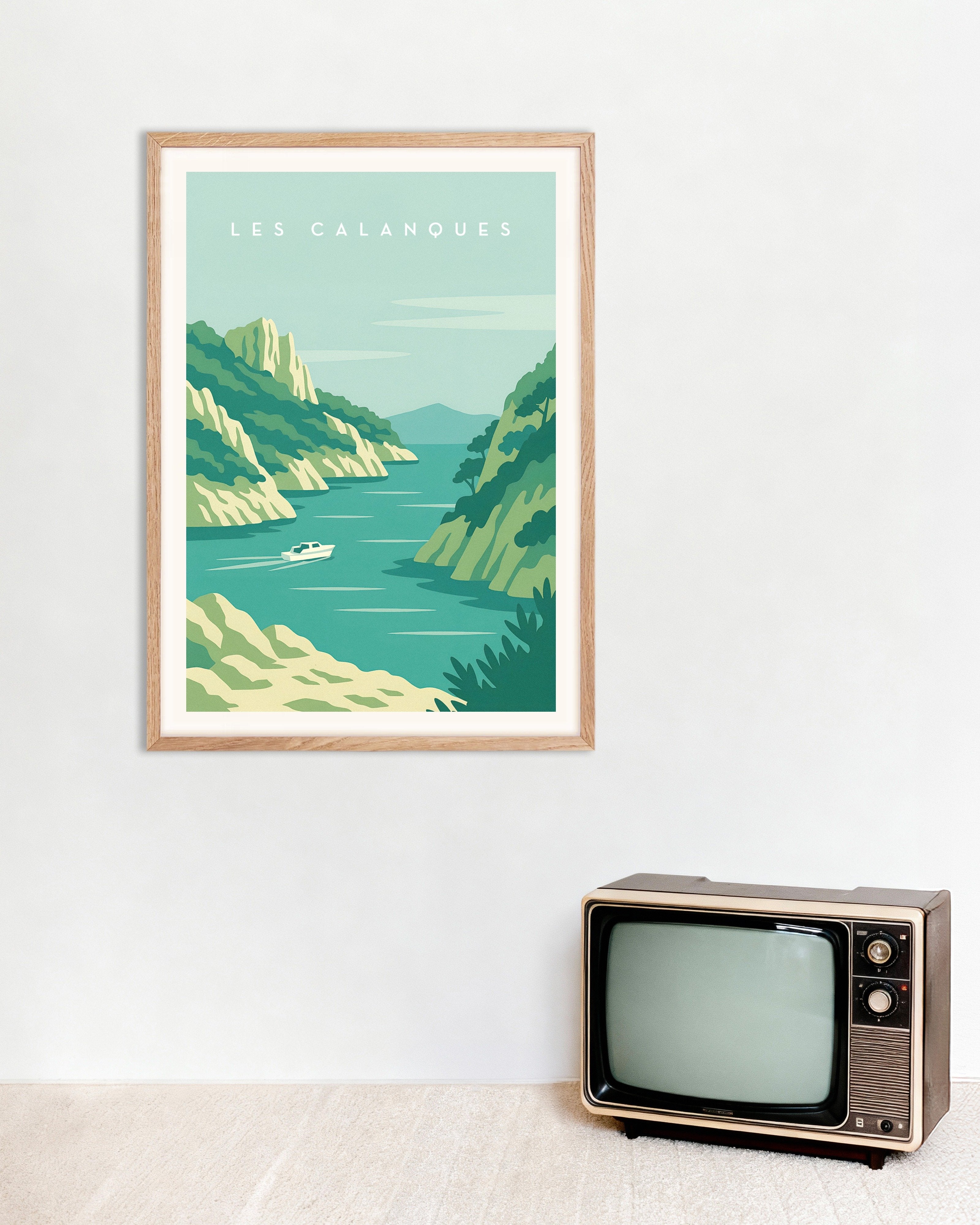 Poster of Les Calanques Wall Art Print, with natural wooden frame