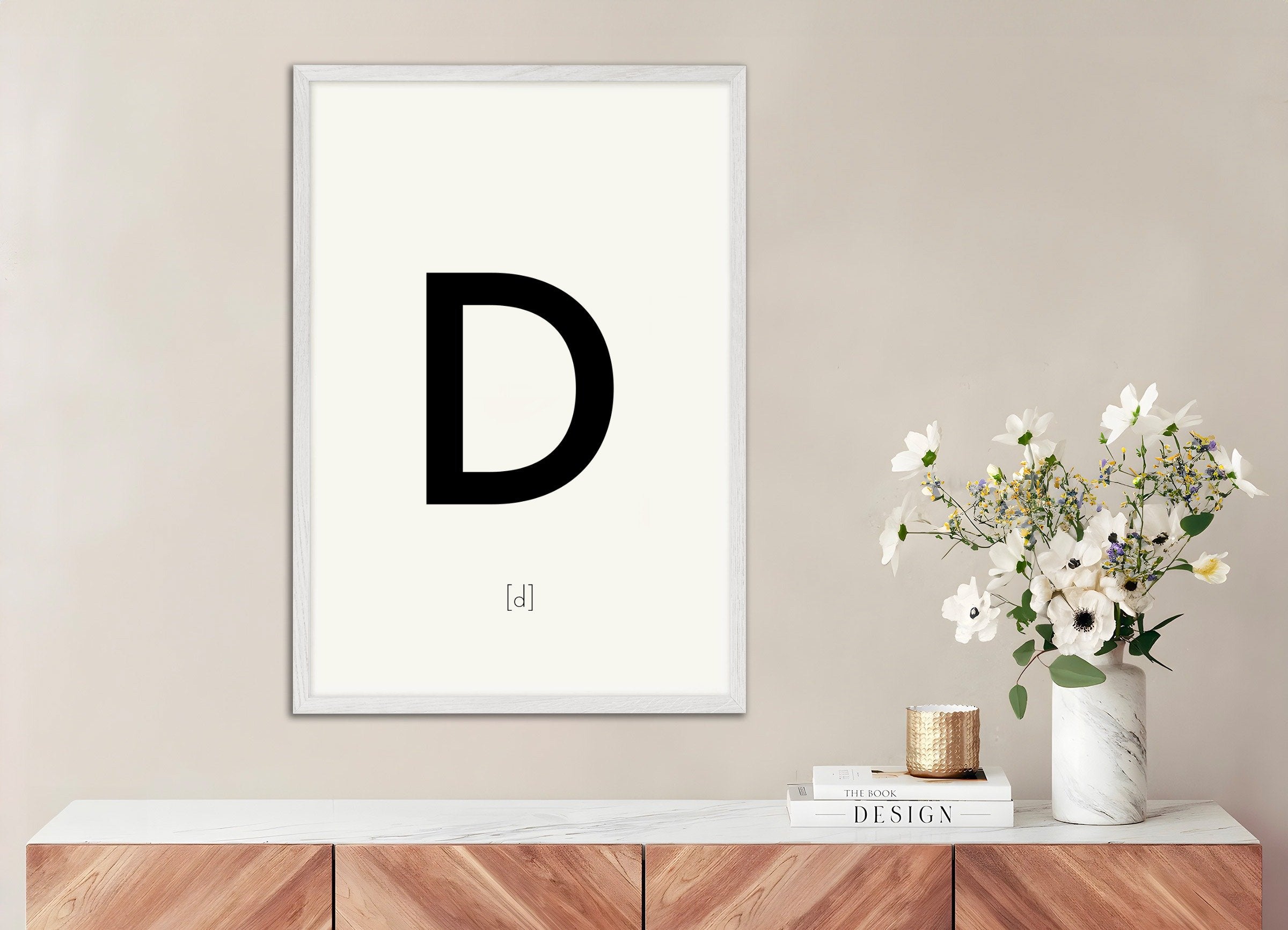 Poster of Letter D, with white wooden frame