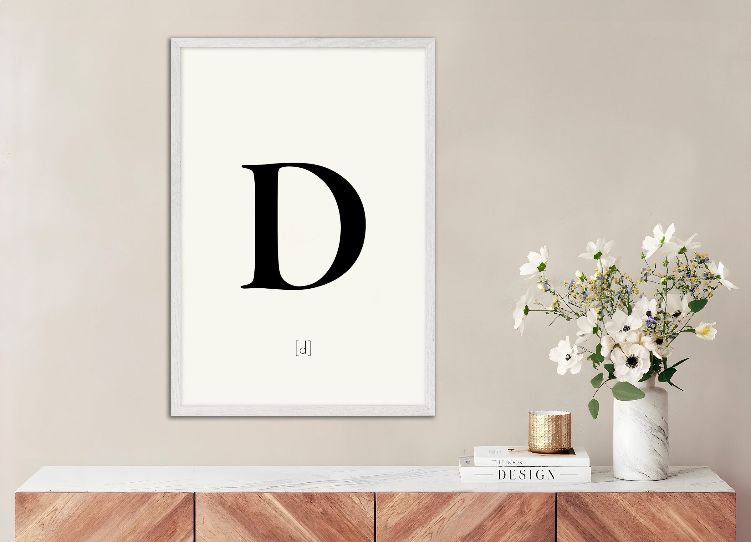 Poster of Letter D, with white wooden frame